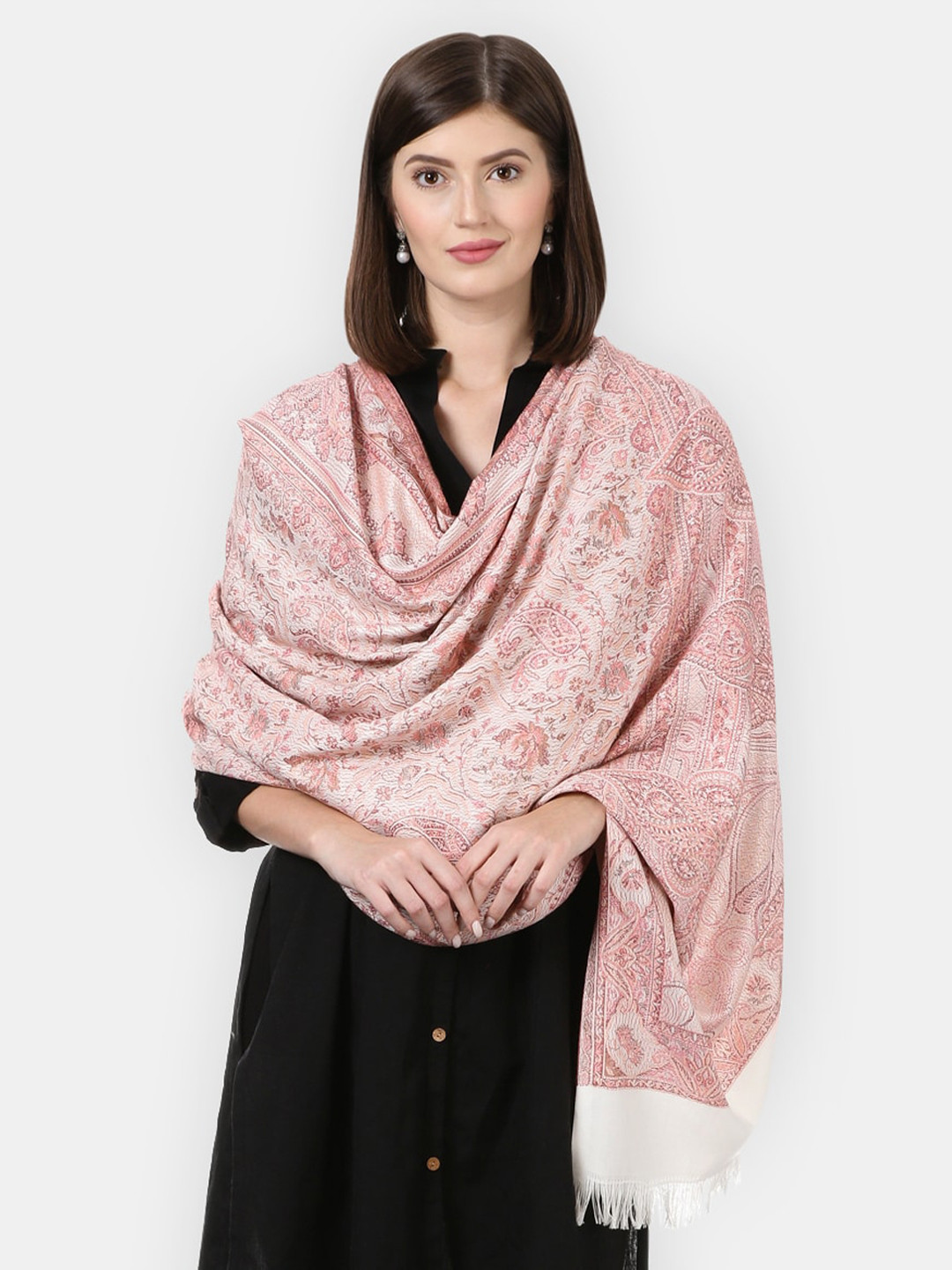 Pashtush Women Pink and Beige Woven Design Shawl