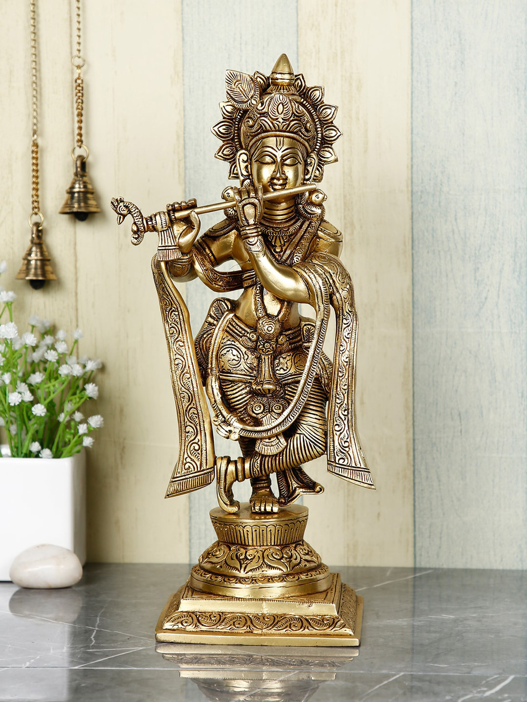 CraftVatika Lord Krishna Flute Playing Gold Brass Metallic Living Room Medium Showpiece - 13 Inches