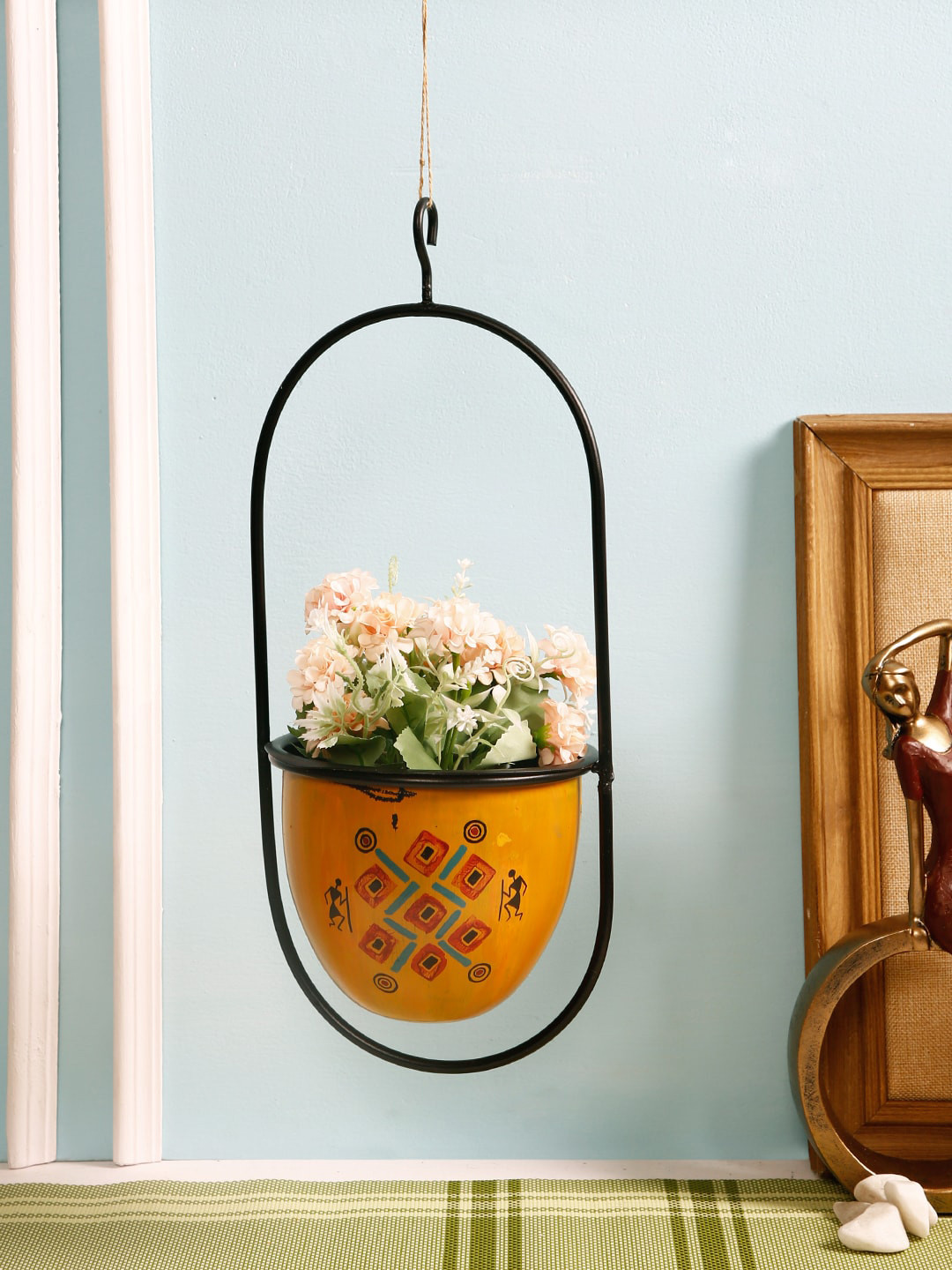 Aapno Rajasthan Yellow & Black Printed Circular Hanging Planter