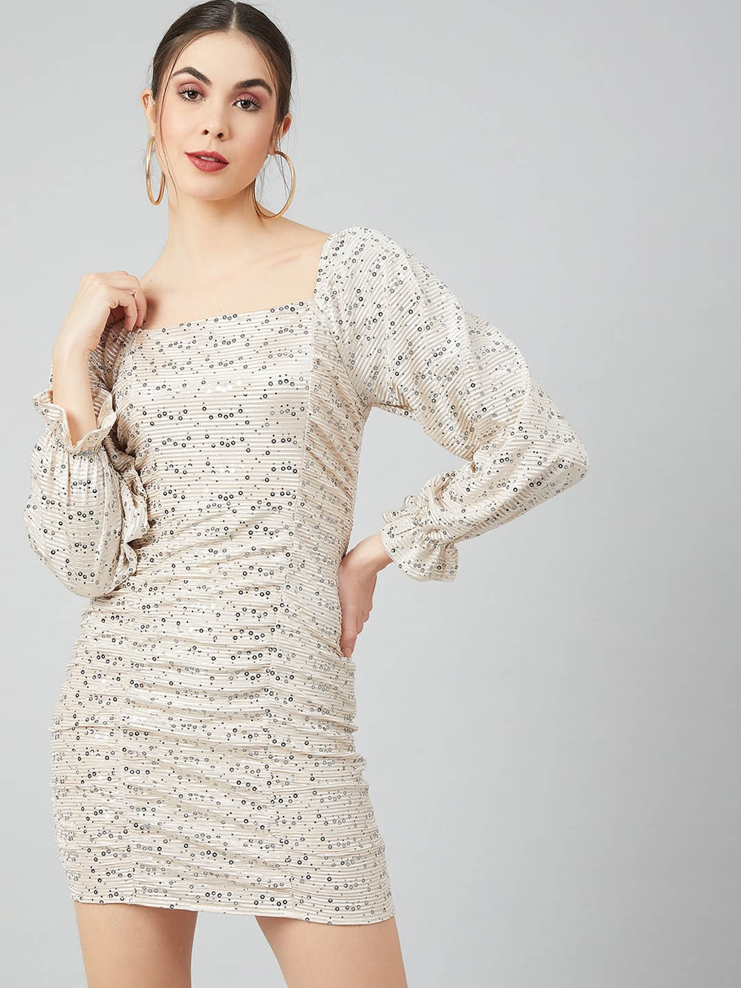 Athena Beige Sequined Embellished Bodycon Dress