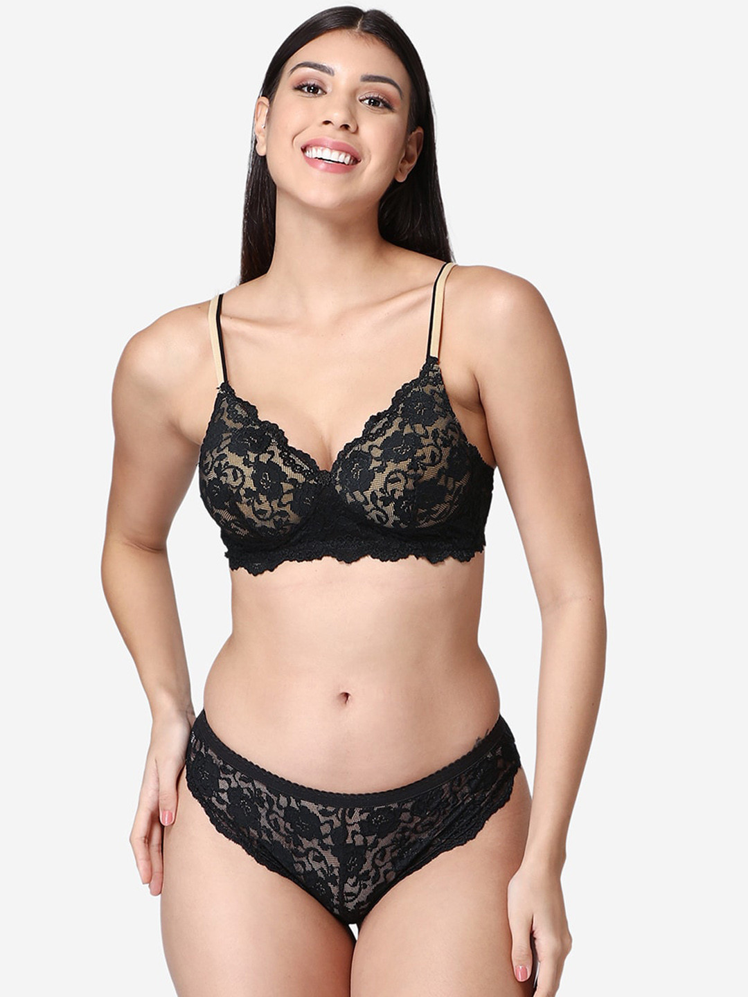 ABELINO Women Black Bridal Padded Lace Lingerie Set SETLEO