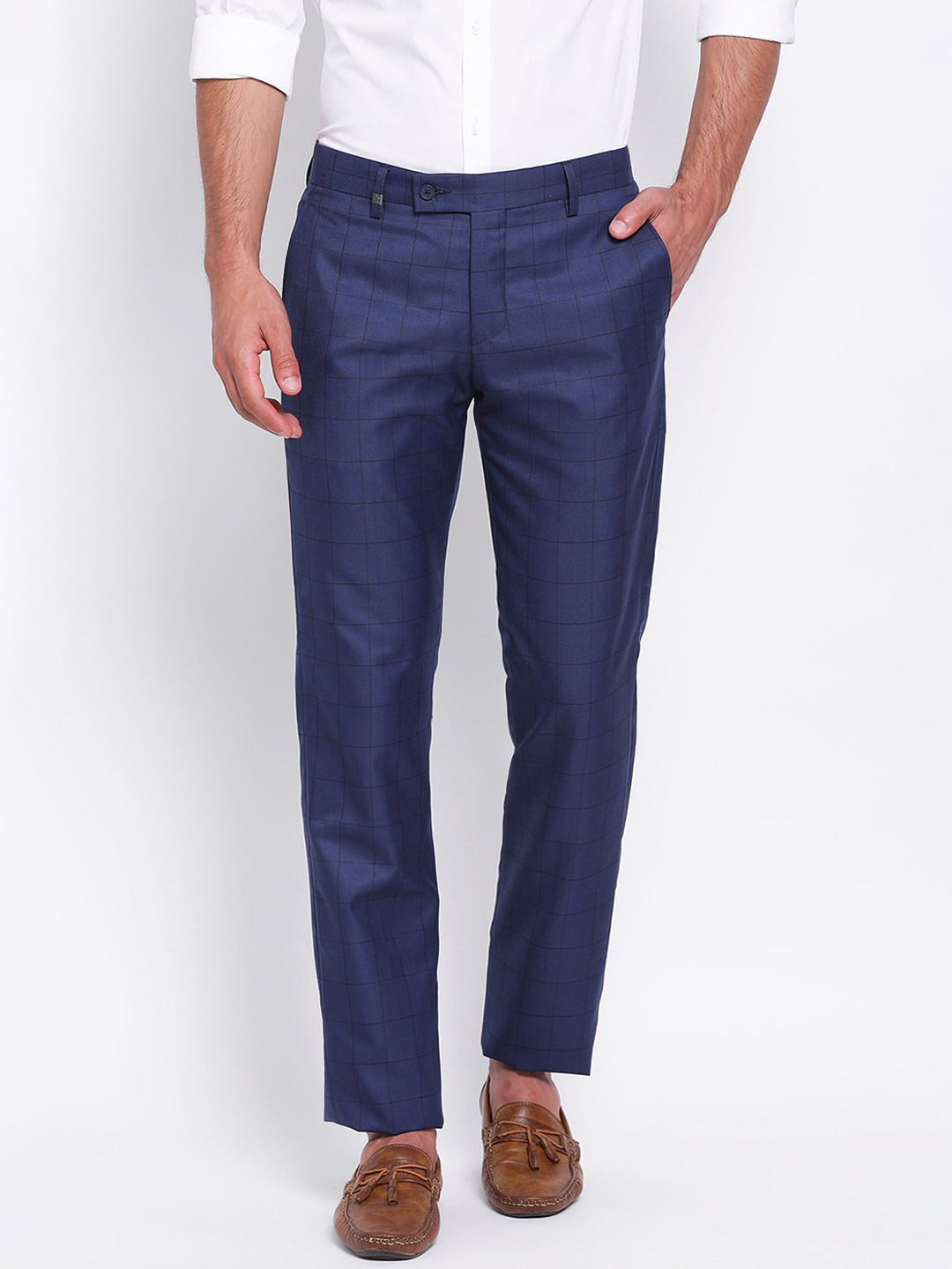 Turtle Men Navy Blue Slim Fit Checked Regular Trousers