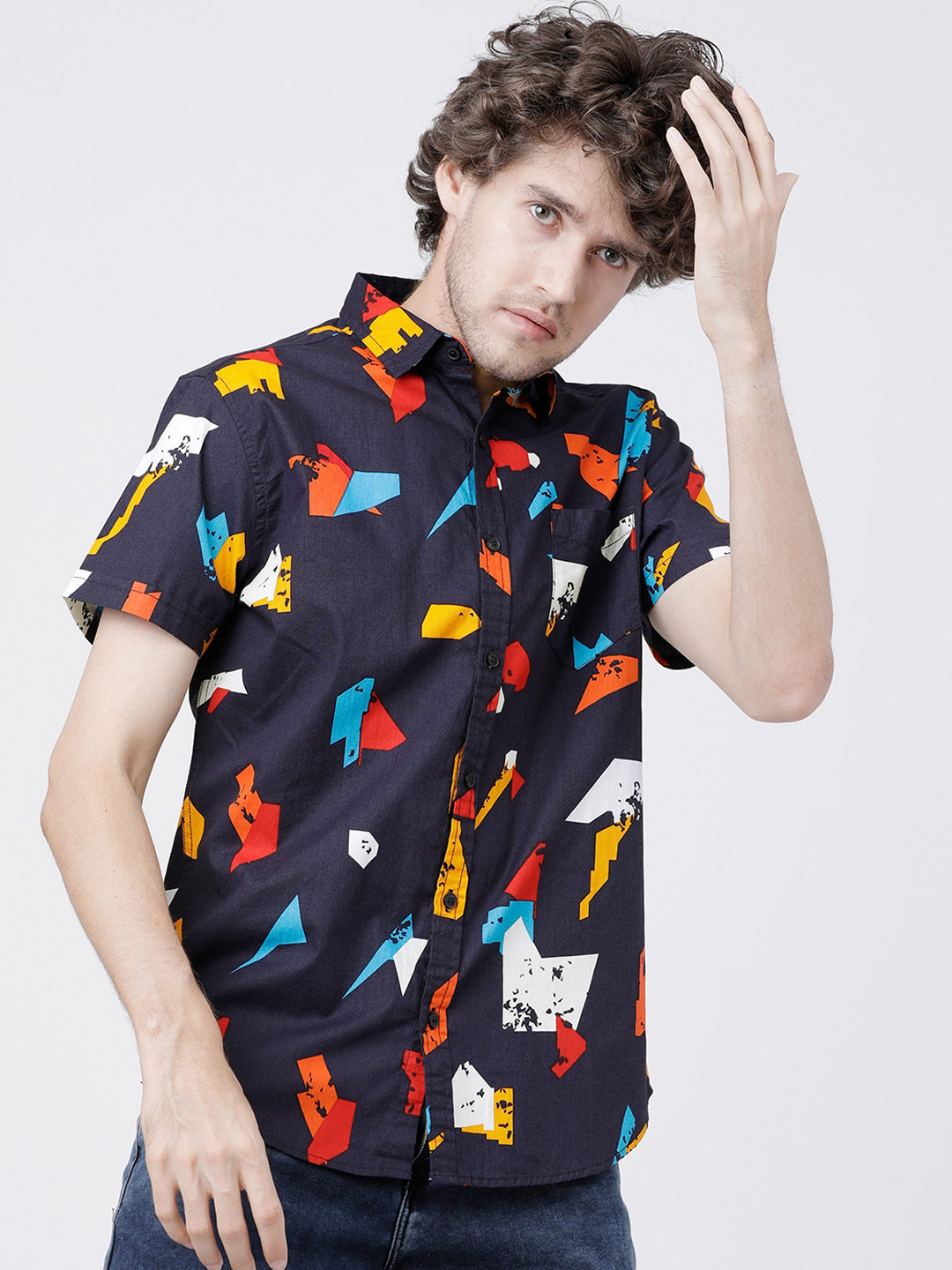 LOCOMOTIVE Men Navy Blue Slim Fit Printed Cotton Casual Shirt