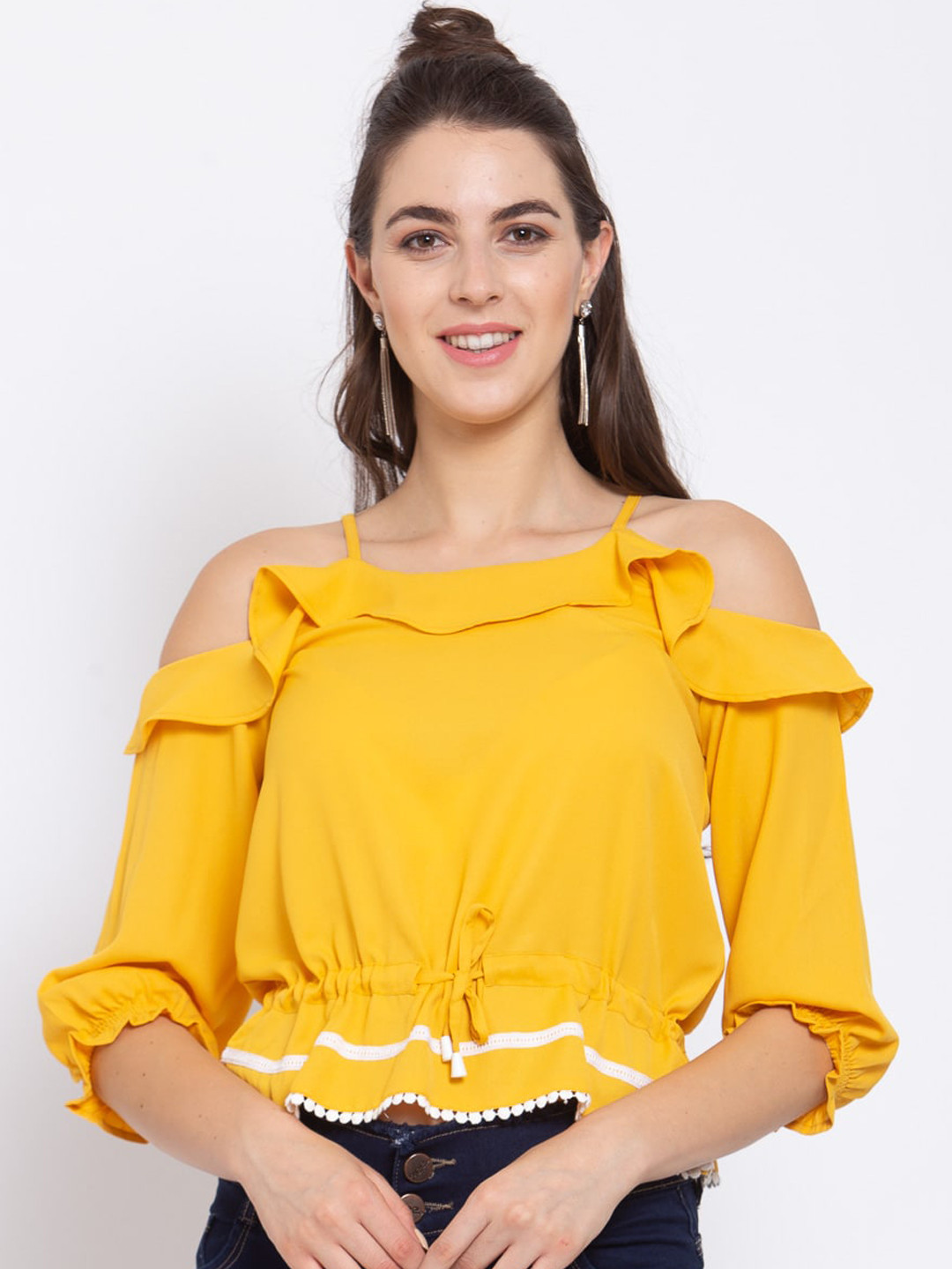 Style Quotient Yellow Cold-Shoulder Sleeves Crepe Blouson Crop Top