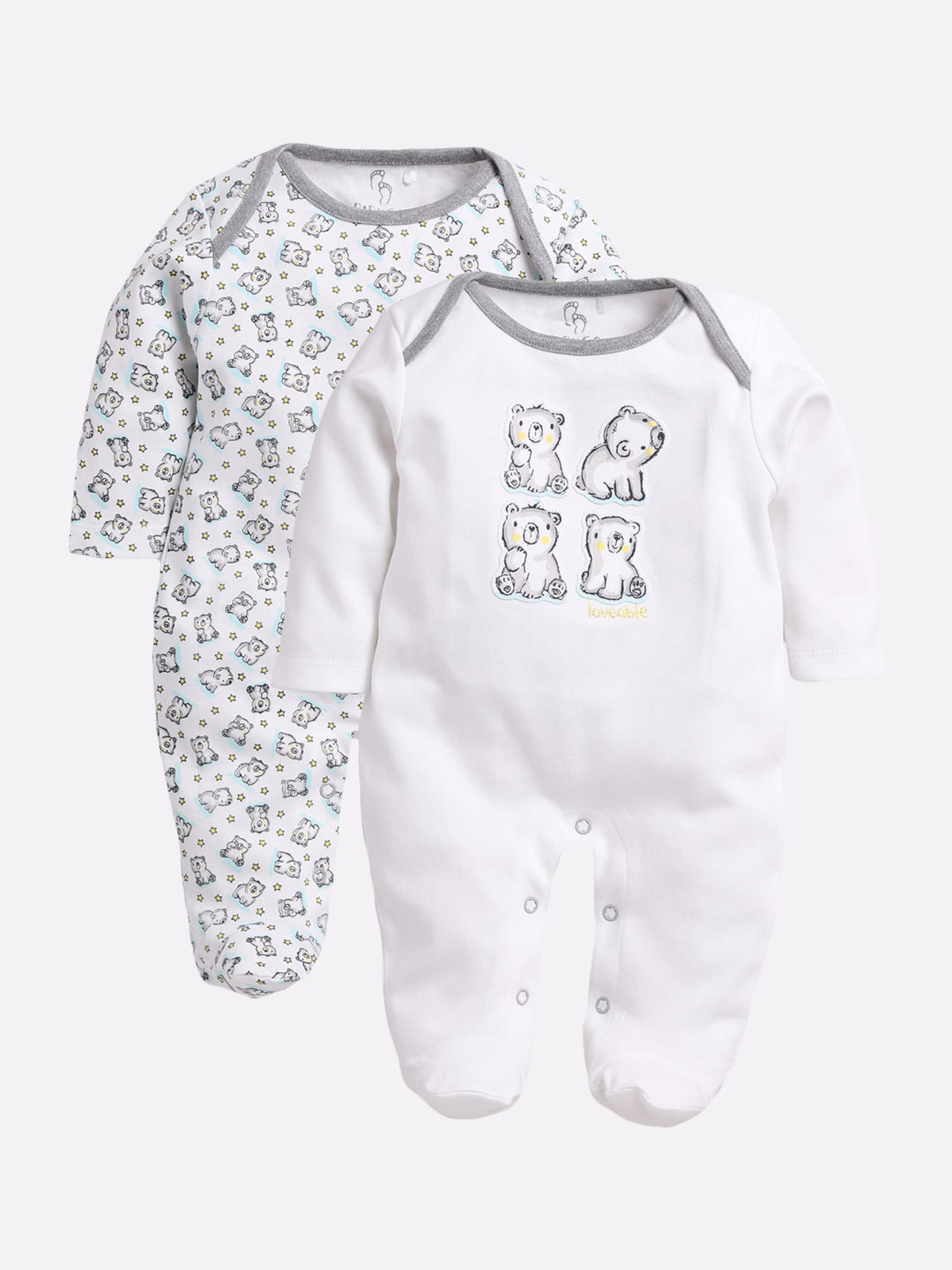 BABY GO Infant Kids White & Grey Pack Of 2 Printed Sleepsuits
