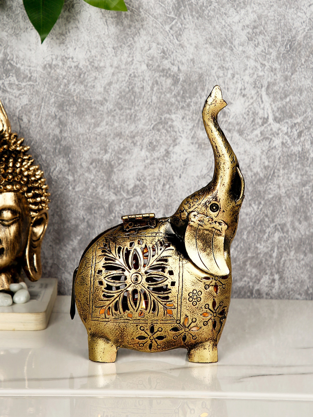CraftVatika Elephant Gold Iron Metallic Living Room Lights Medium Showpiece - 9 Inches