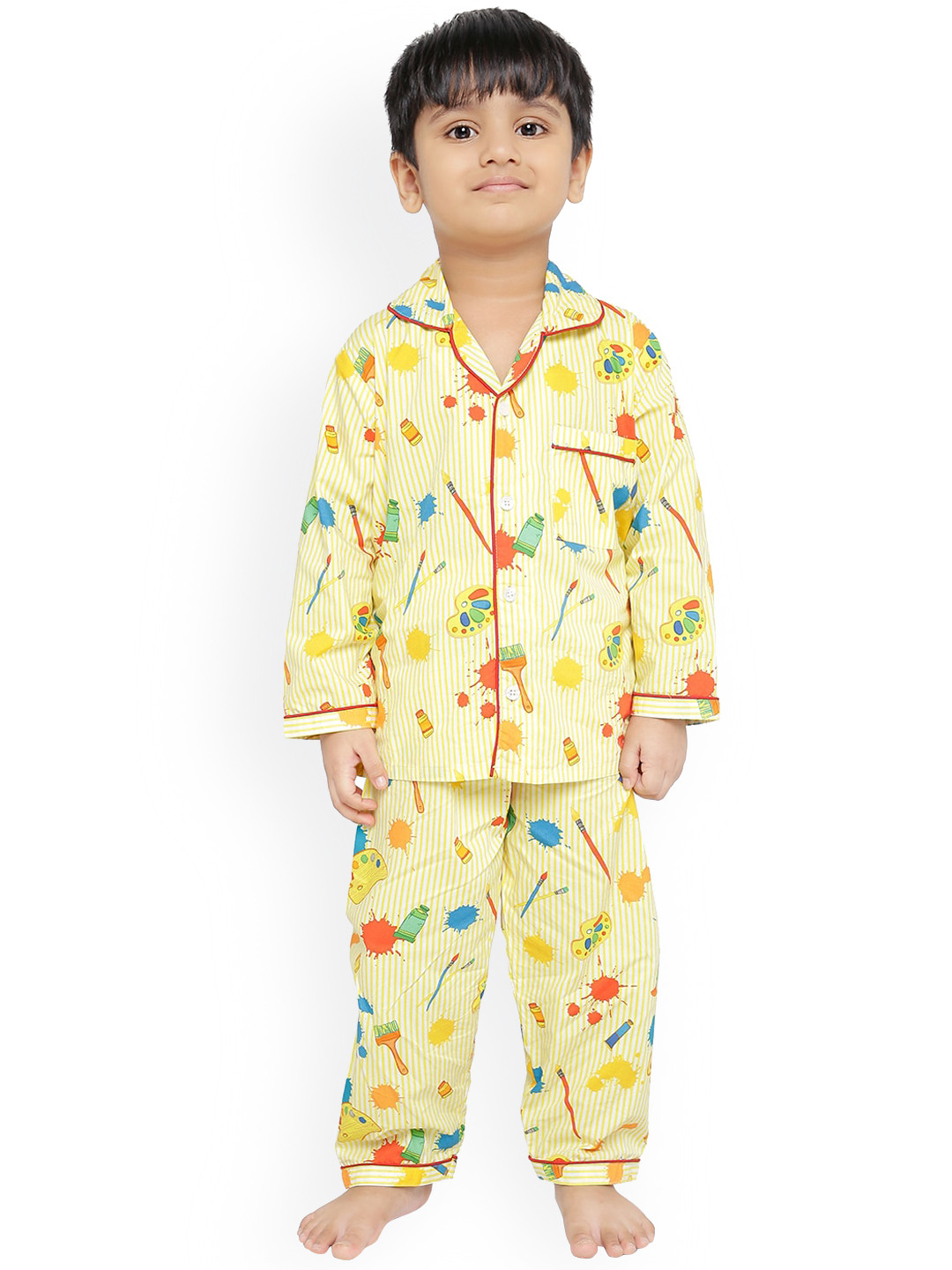 Knitting Doodles Unisex Kids Yellow & White Printed Cotton Night Suit