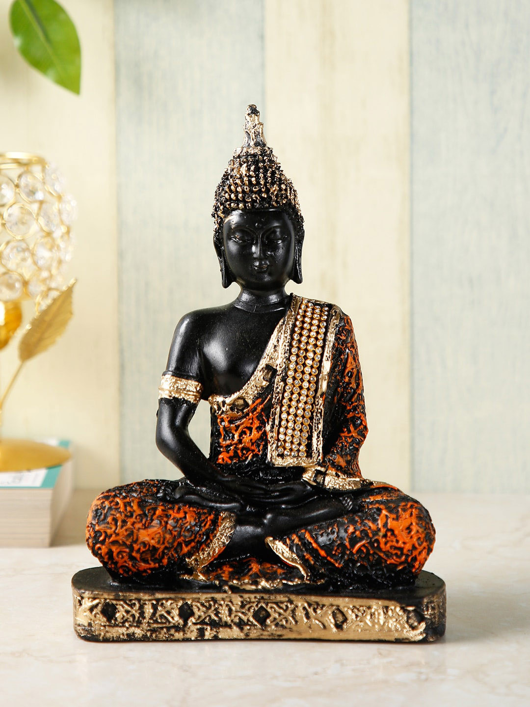 CraftVatika Meditating Buddha Orange Polyresin Glossy Living Room Small Showpiece - 8.3 Inches