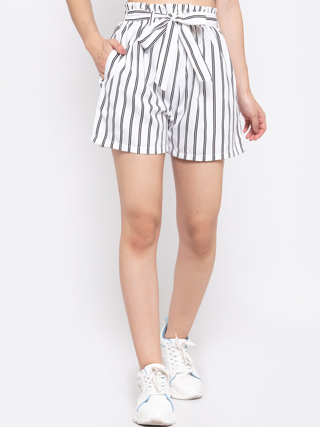 Zastraa Women White Striped Slim Fit Regular Shorts With Belt