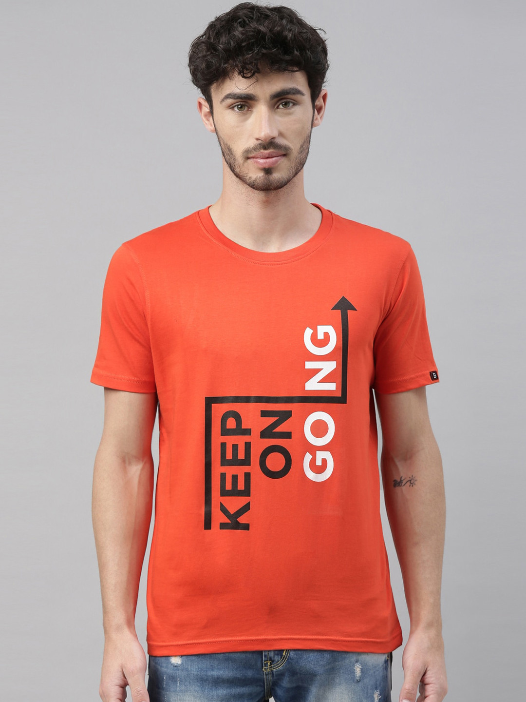 Bushirt Men Orange  Keep On Going Printed Round Neck Pure Cotton T-shirt