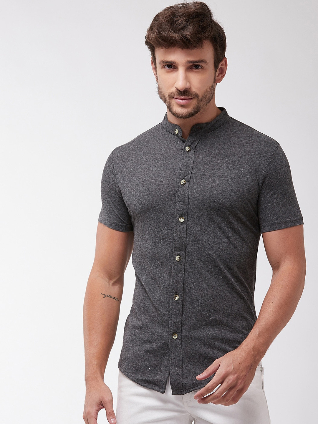 GRITSTONES Men Grey Regular Fit Solid Casual Shirt