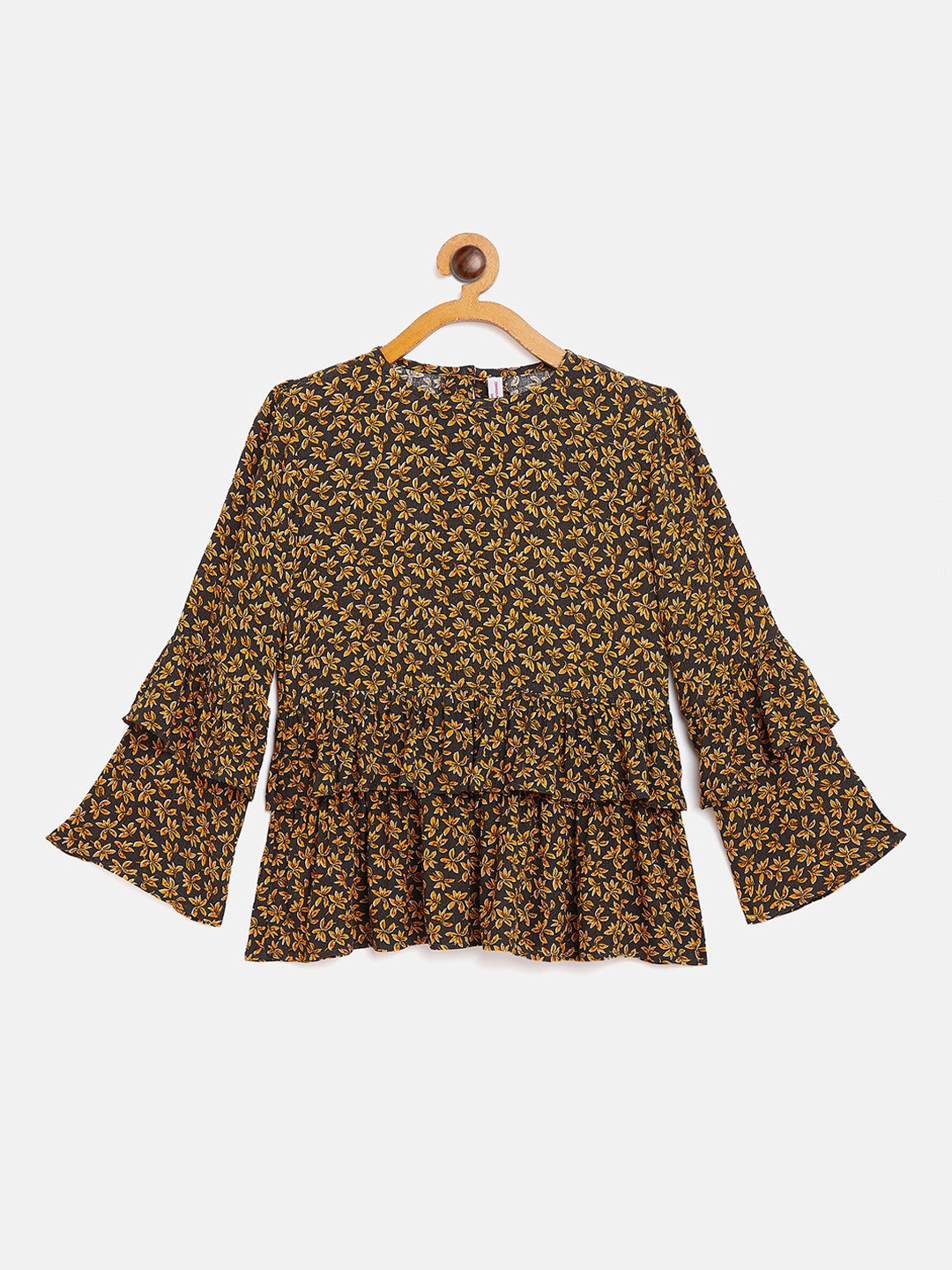 Crimsoune Club Black & Yellow Floral Printed Bell Sleeves Tiered Top