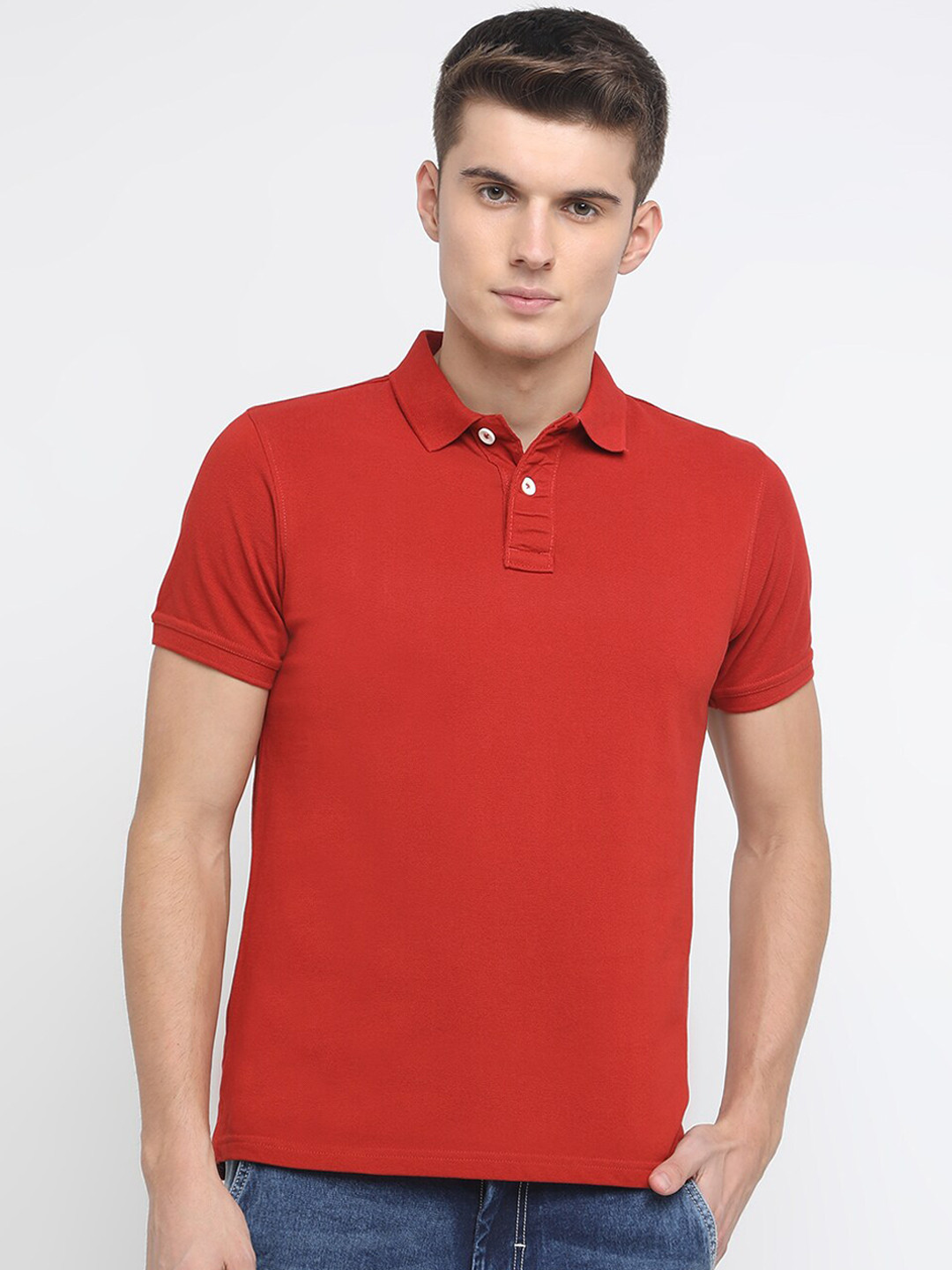 Basics Men Red Solid Muscle Fit Polo Collar T-shirt