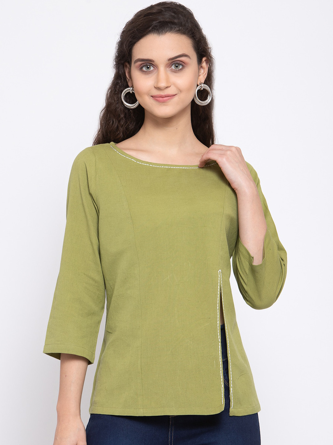 Zastraa Green Pure Cotton Regular Top