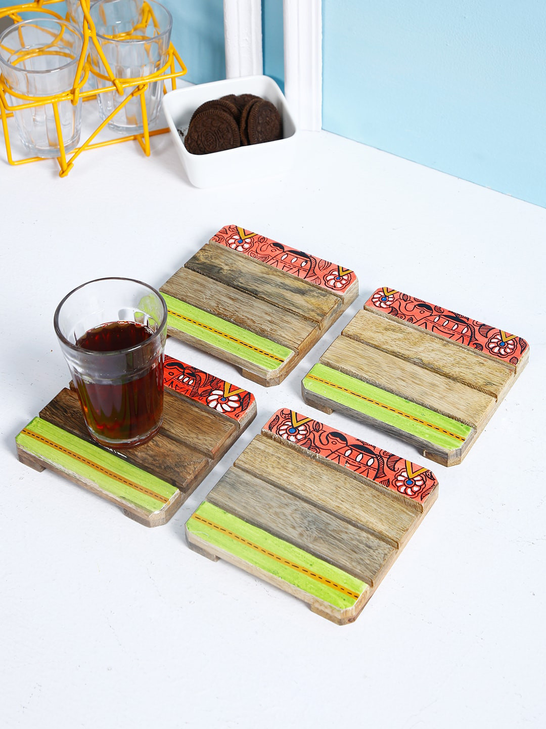 Aapno Rajasthan Set Of 4 Brown & Orange Wooden Handpainted Square Liner Cut Coasters