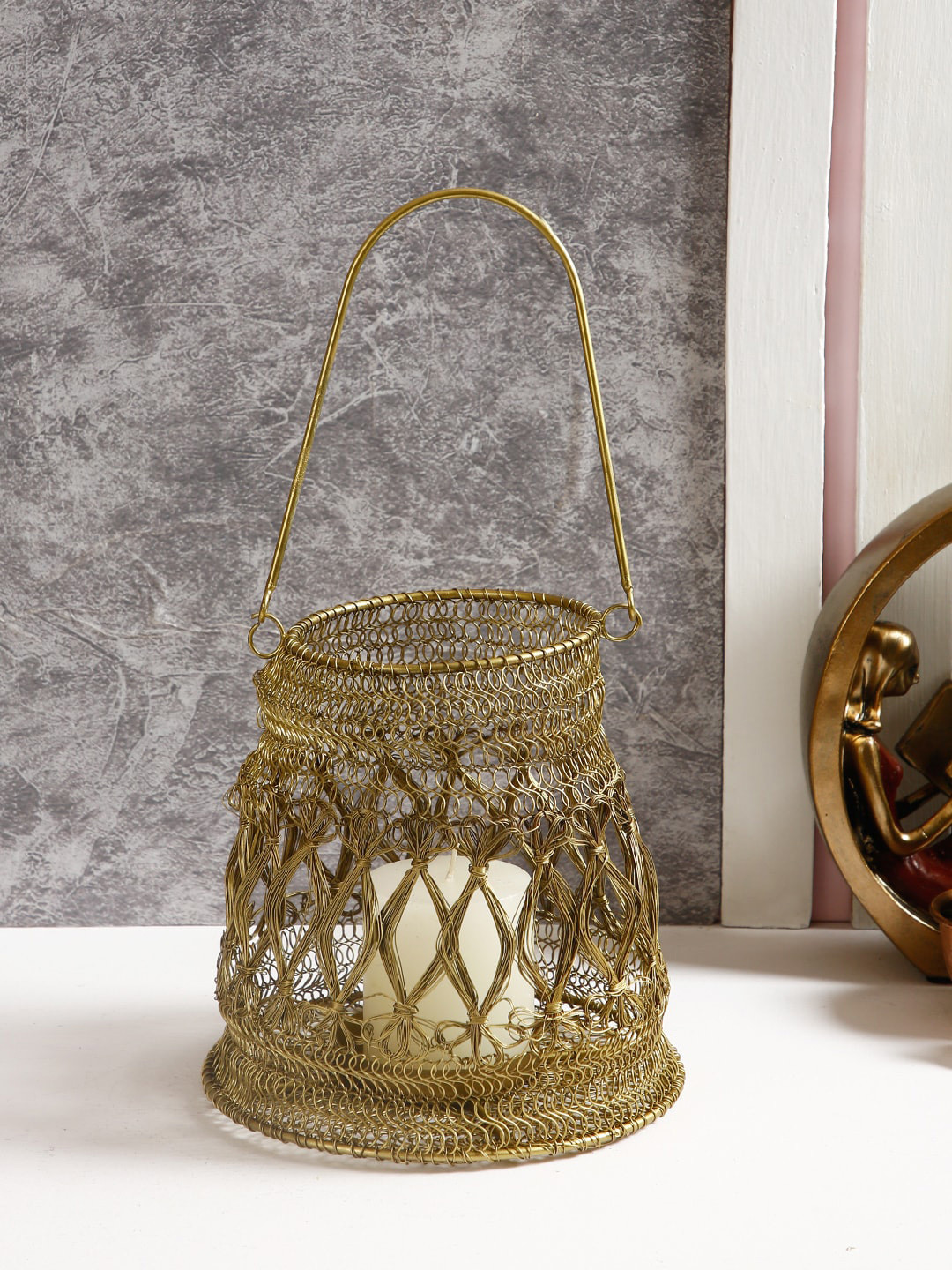 Aapno Rajasthan Gold-Toned Brass-Plated Hand Braided Lantern Candle Holder