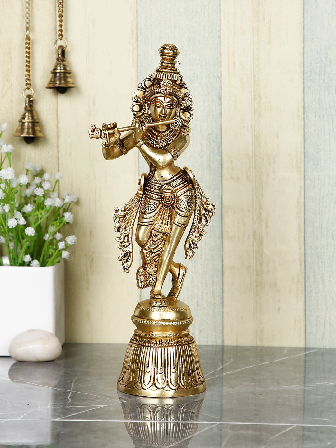 CraftVatika Lord Krishna Gold Brass Metallic Prayer Room Medium Showpiece - 11 Inches