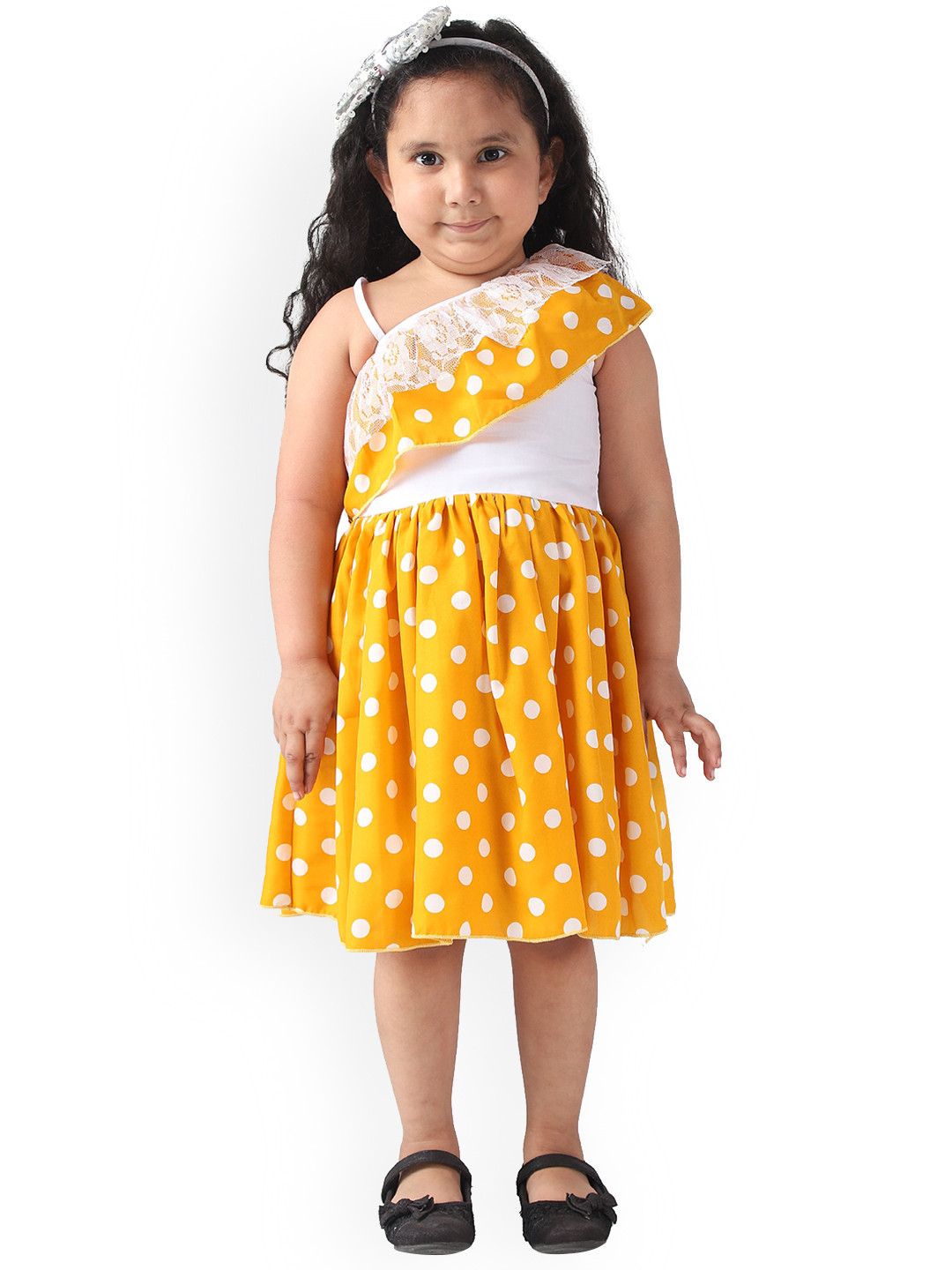 Samsara Couture Girls Yellow & White Polka Dot Printed Fit and Flare Dress