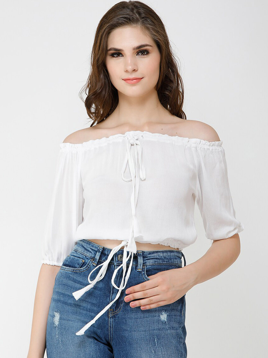 Cation White Off-Shoulder Solid Bardot Top