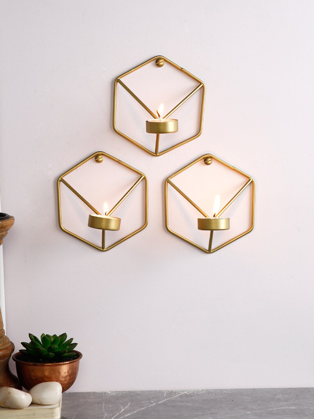 CraftVatika Tea Light Candle Holder Gold Iron Metallic Living Room Lights Set of 3 Medium Showpieces - 4.7 Inches