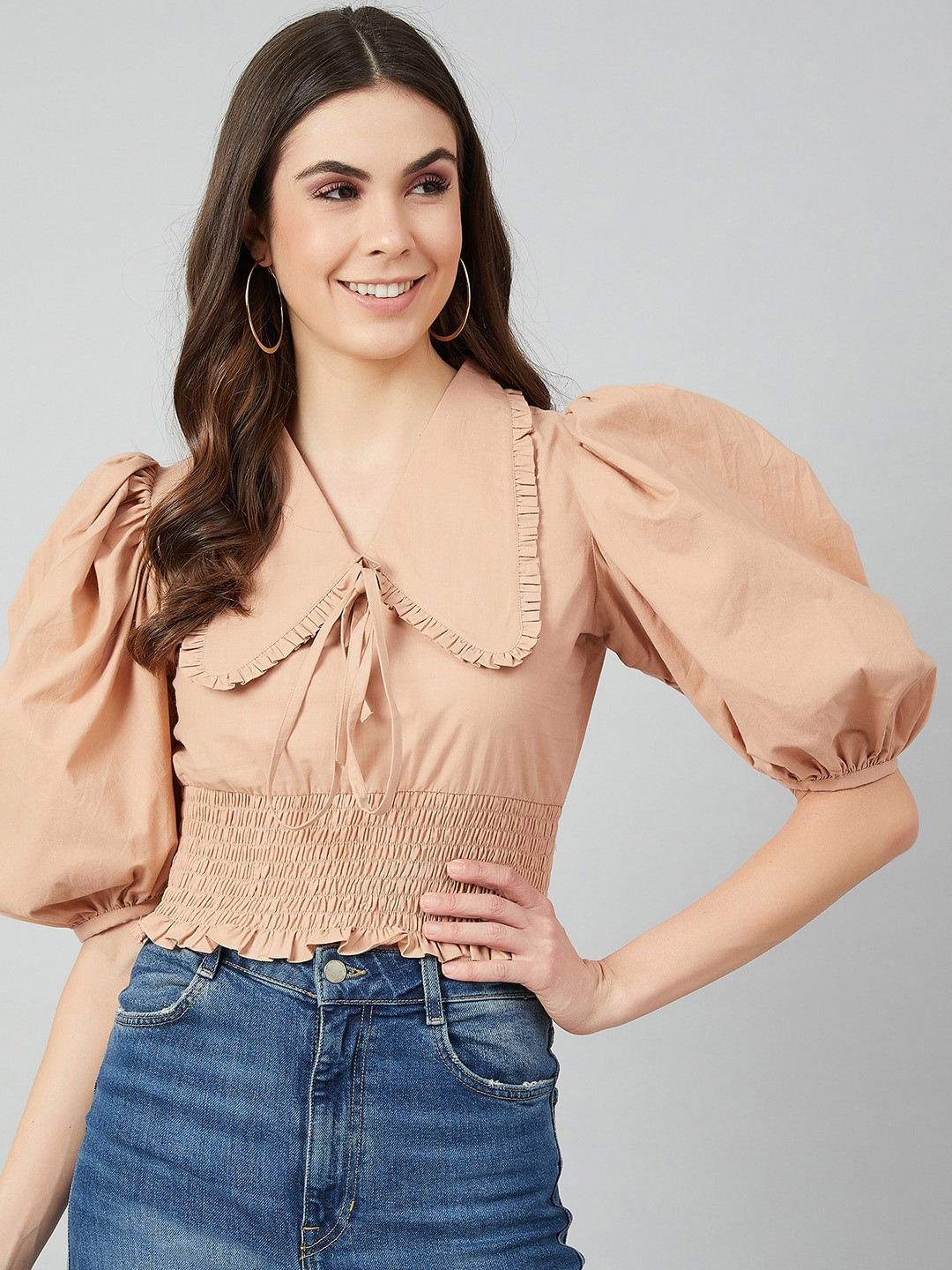 Athena Nude-Coloured Tie-Up Neck Puff Sleeves Pure Cotton Fitted Top
