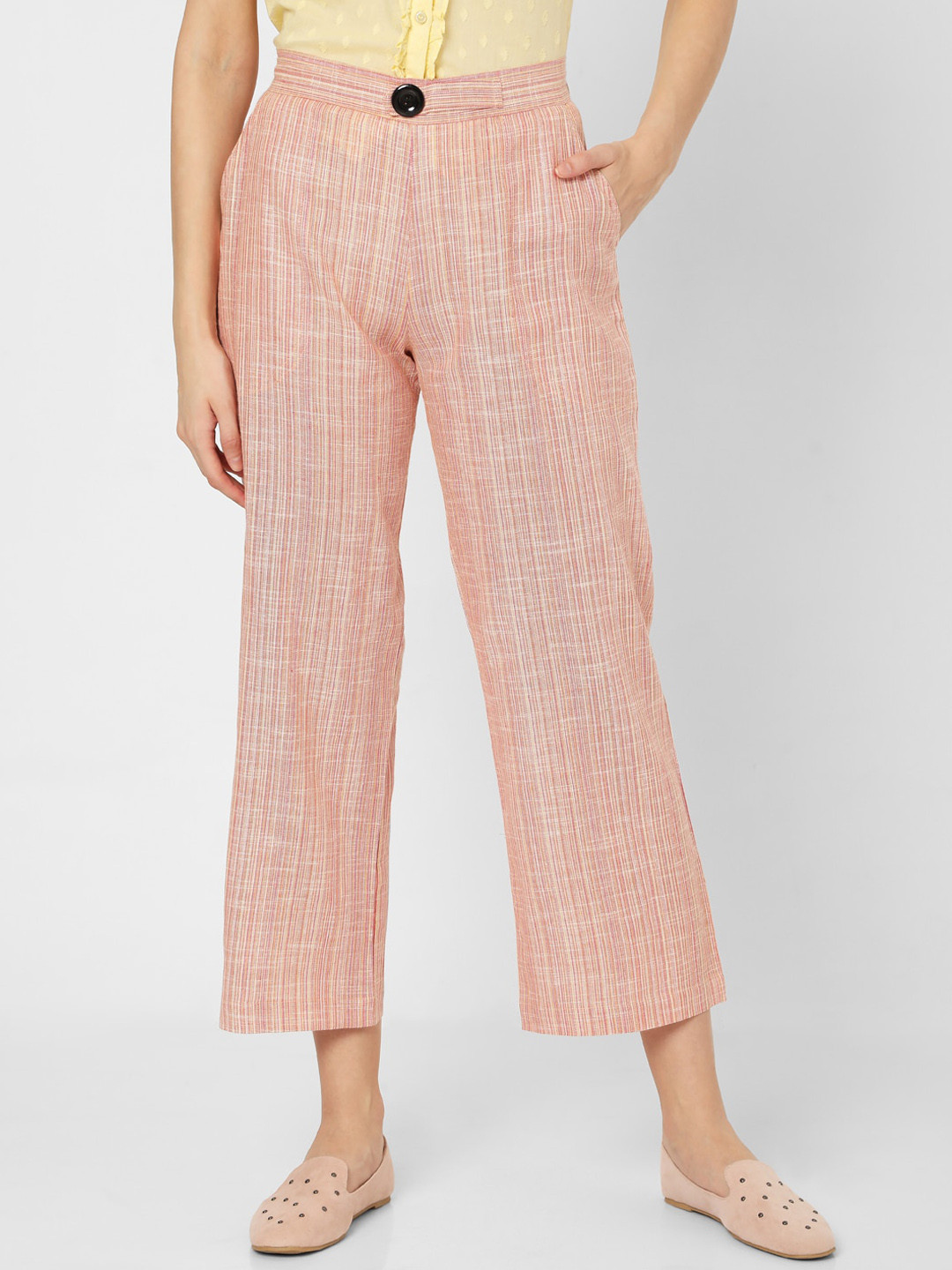 Smarty Pants Women Pink Flared Striped Cotton Parallel Trousers