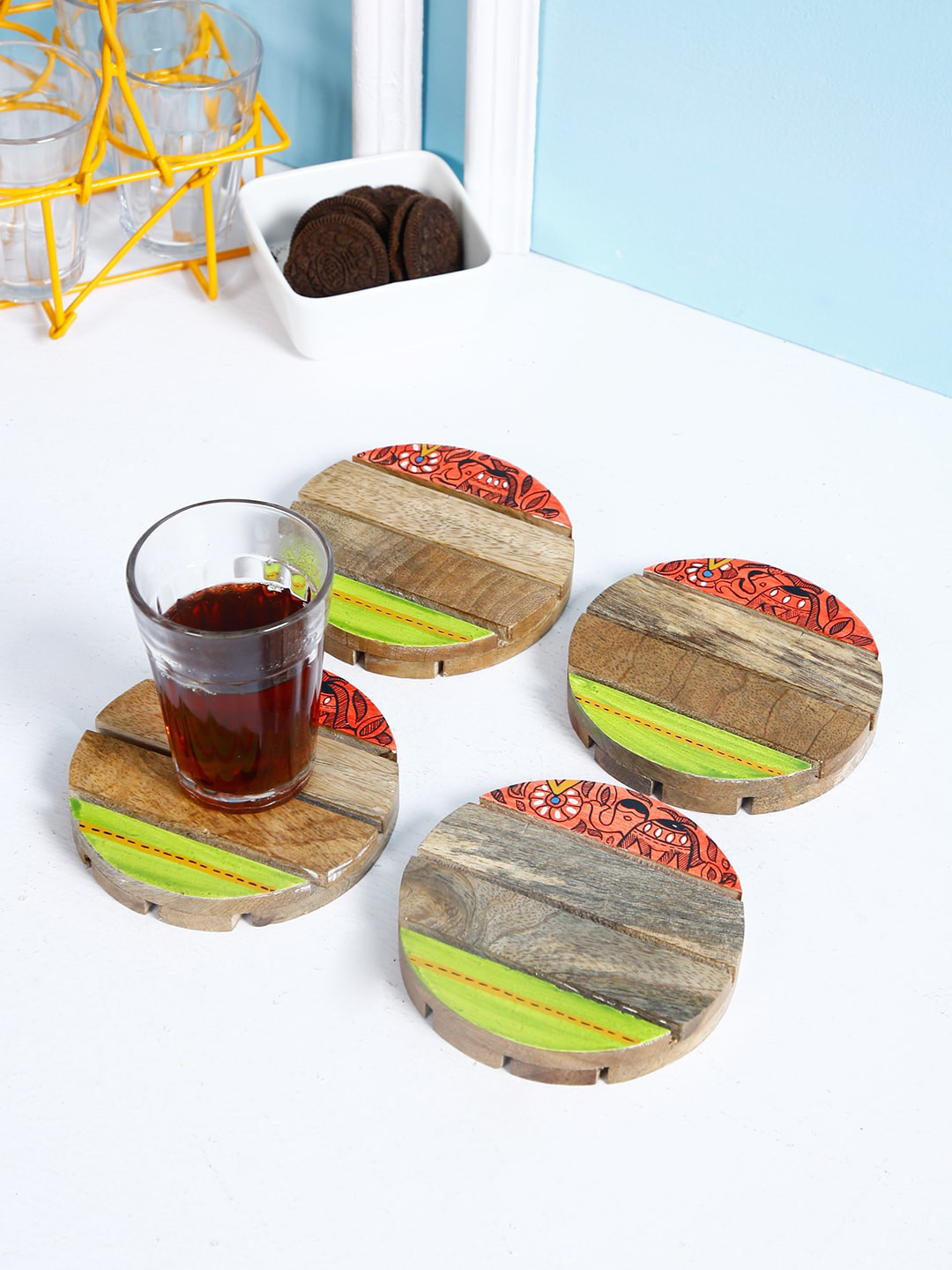 Aapno Rajasthan Set Of 4 Brown & Orange Mango Wood Handcrafted Round Liner Coasters