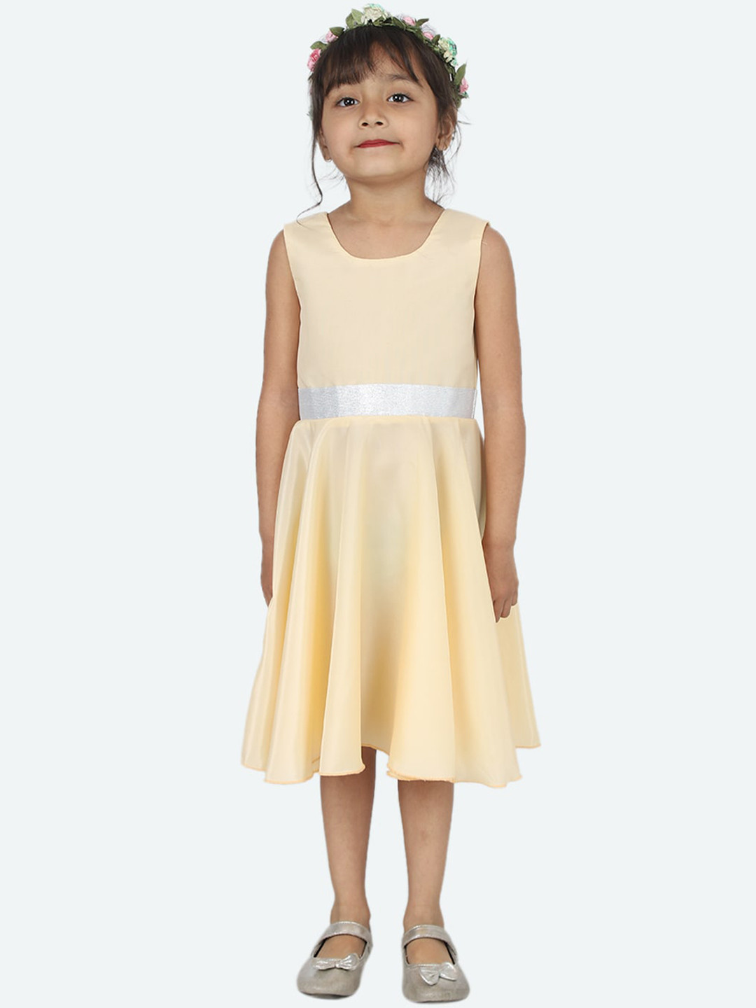 Samsara Couture Girls Beige & Silver-Coloured Solid Fit and Flare Silk Dress