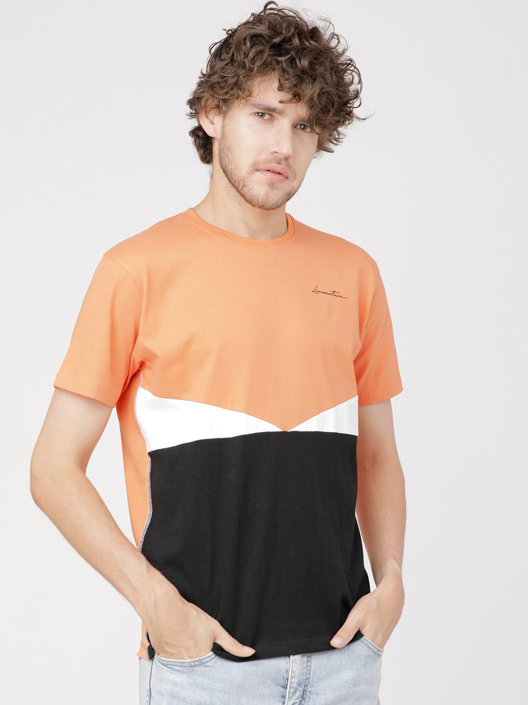 LOCOMOTIVE Men Orange Colourblocked Round Neck T-shirt