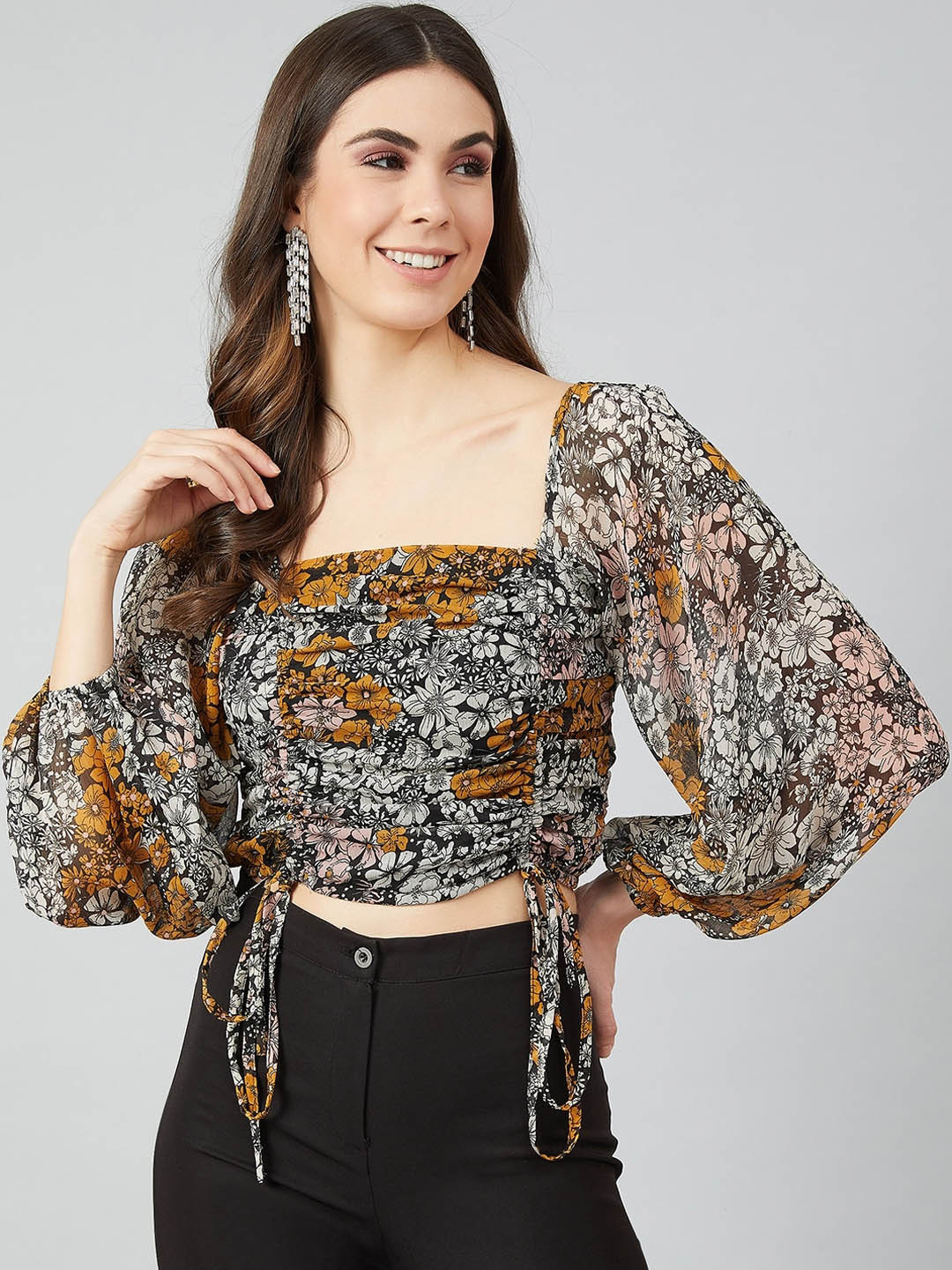 Athena Black Floral Printed Puff Sleeves Smocked Georgette Regular Crop Top