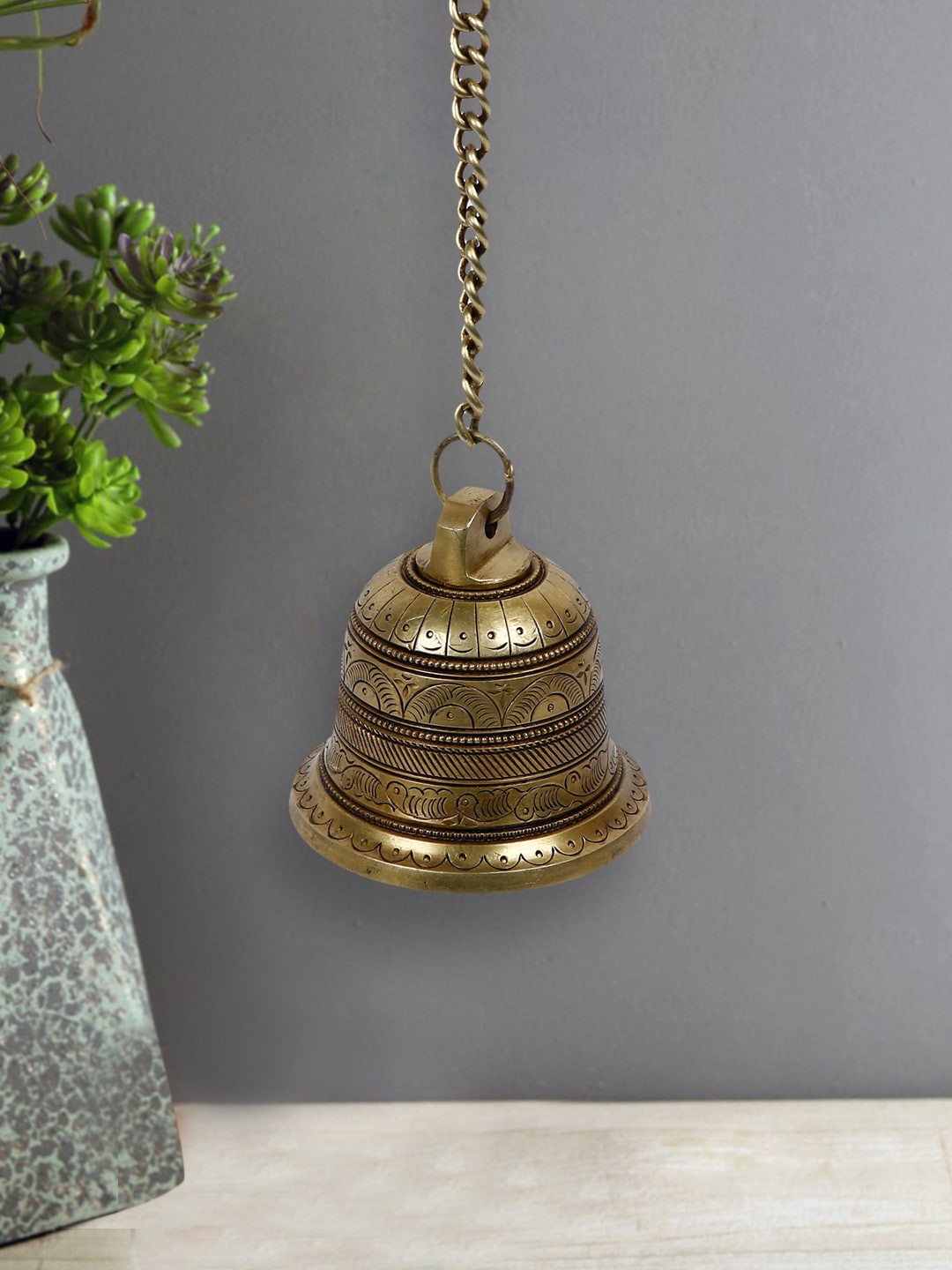 CraftVatika Gold-Toned Brass Hanging Bell with Attached Chain & Hook