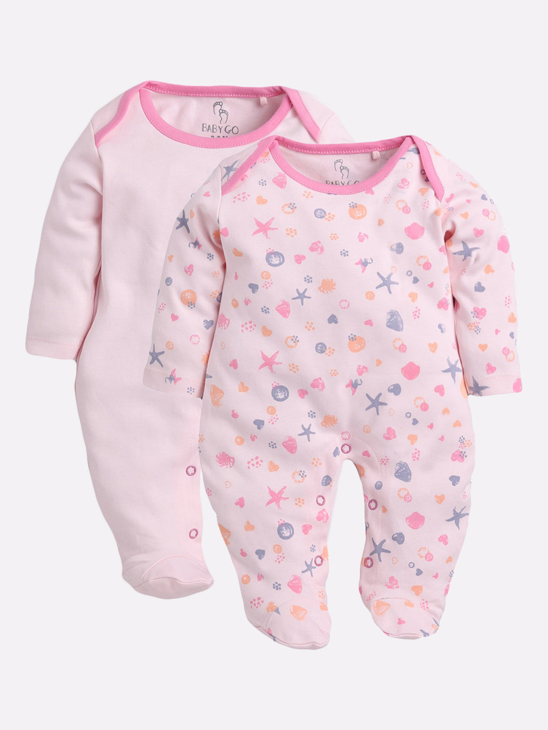 BABY GO Infant Kids Pack Of 2 Pink Printed Pure Cotton Sleepsuits
