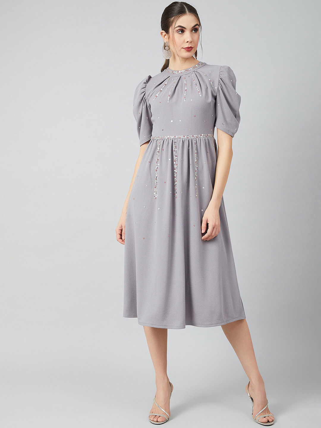 Athena Grey Embellished Fit and Flare Dress
