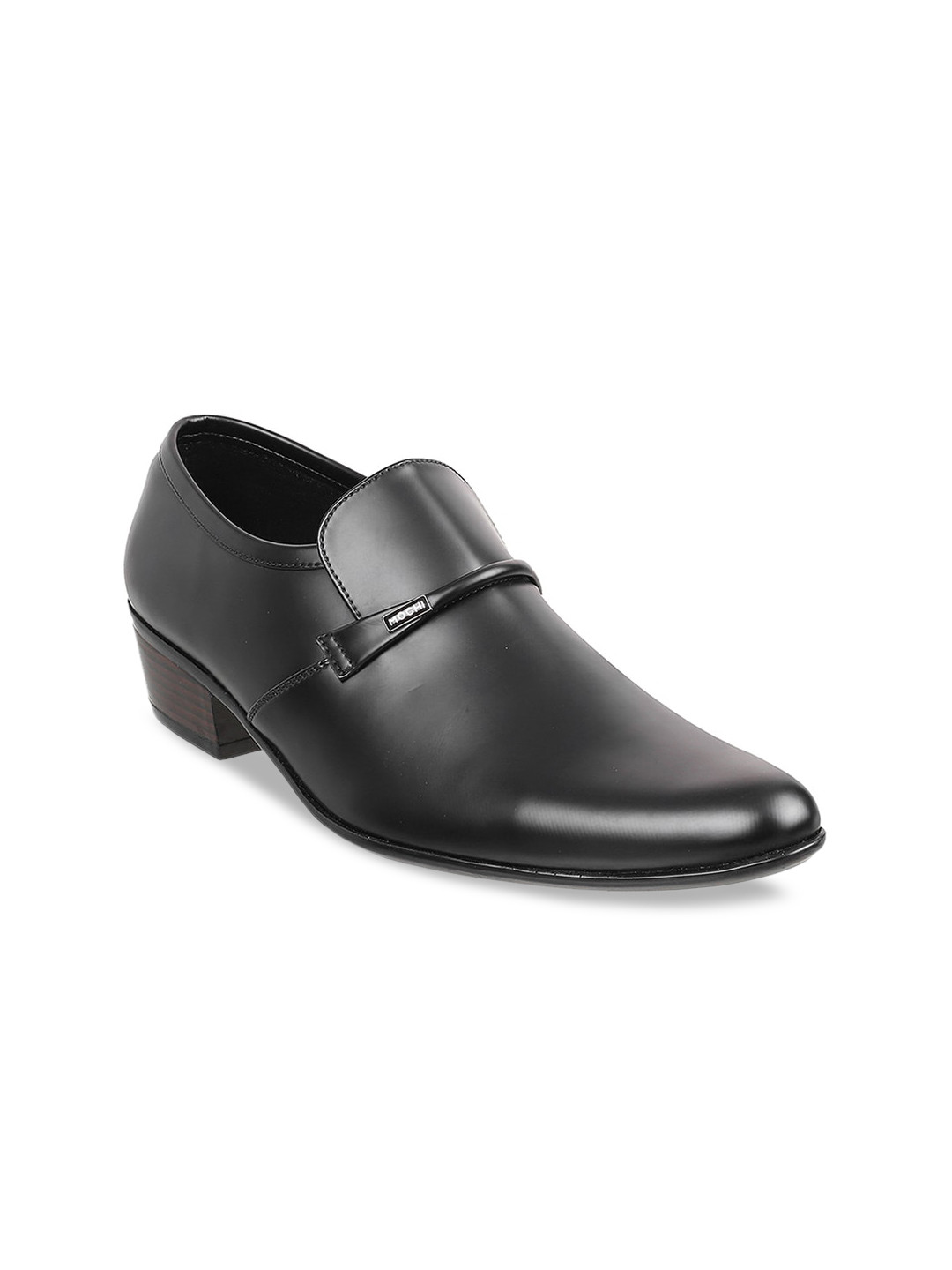 Mochi Men Black Leather Solid Semiformal Slip-Ons