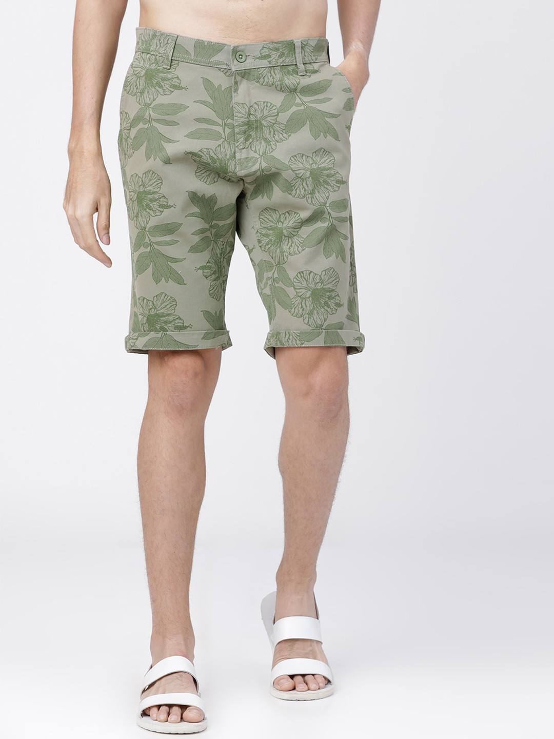 HIGHLANDER Men Olive Green Camouflage Printed Slim Fit Regular Shorts