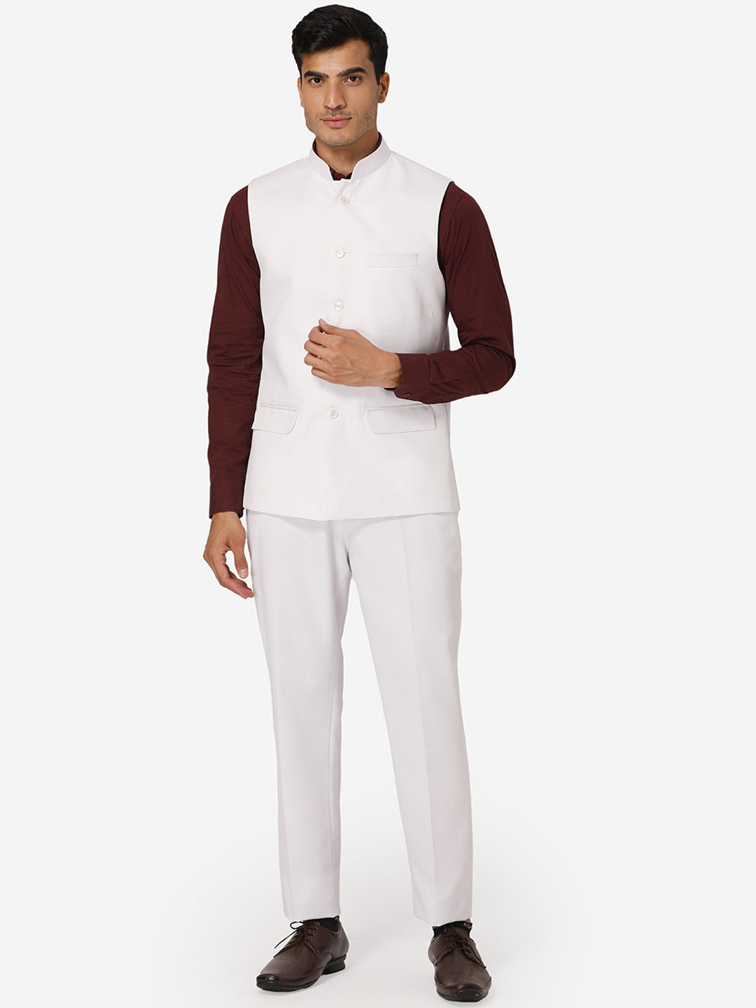 Wintage Men White Solid Bandhgala Formal Two-Piece Suit