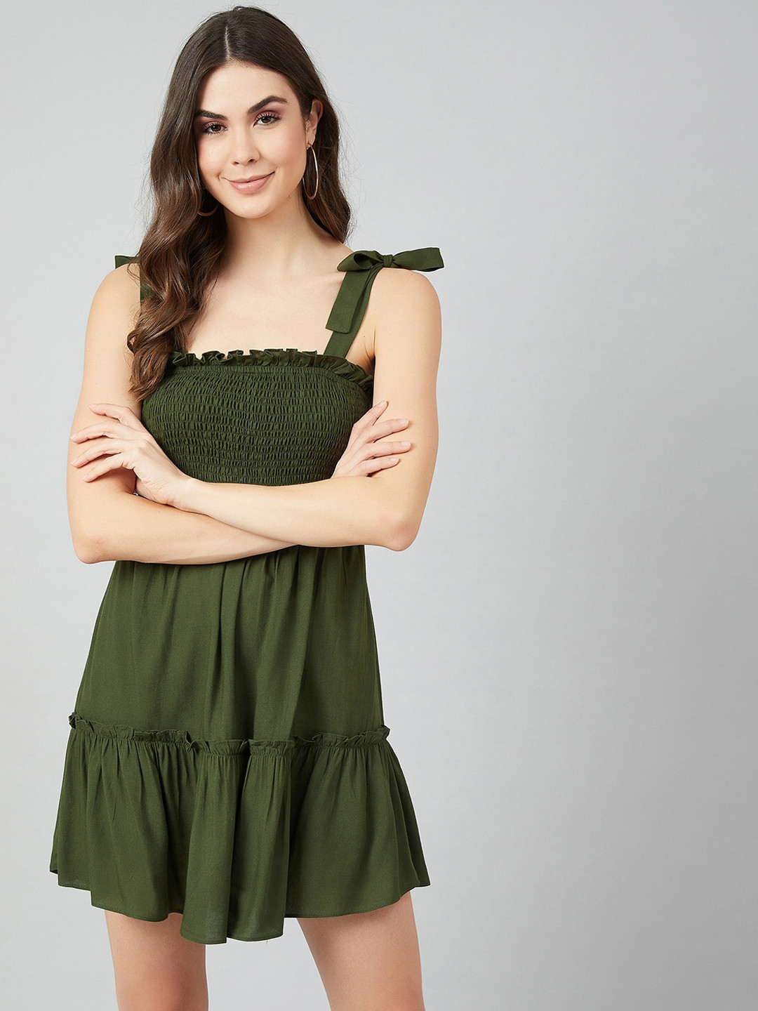 Athena Women Olive Green Solid Fit and Flare Dress
