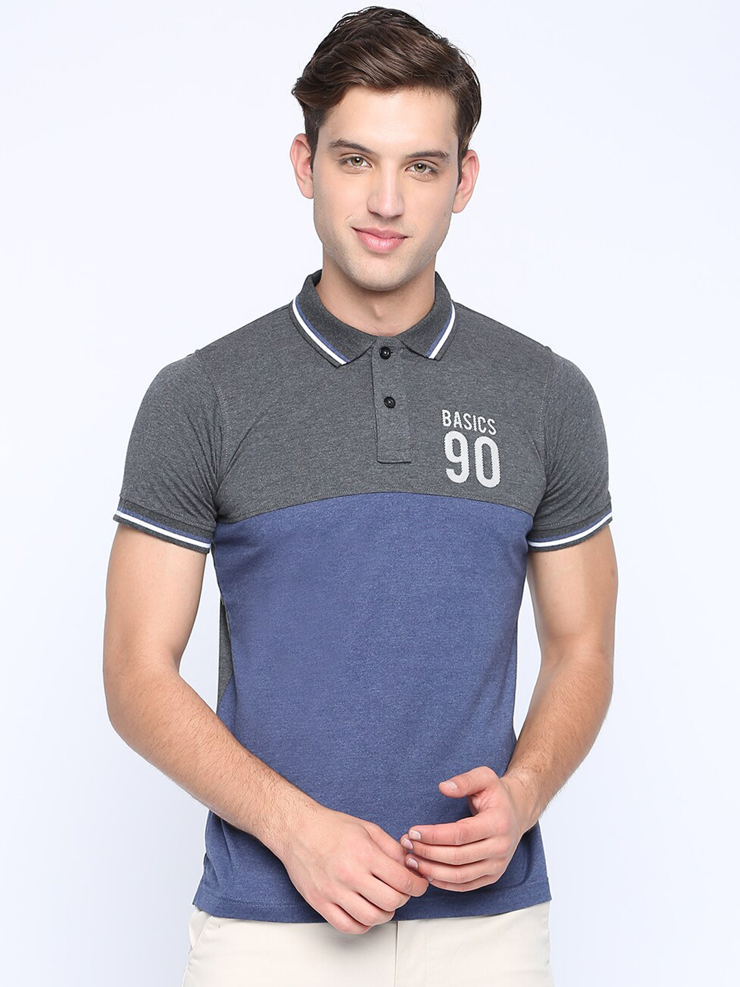 Basics Men Navy Blue & Grey Colourblocked Polo Collar Cotton T-shirt