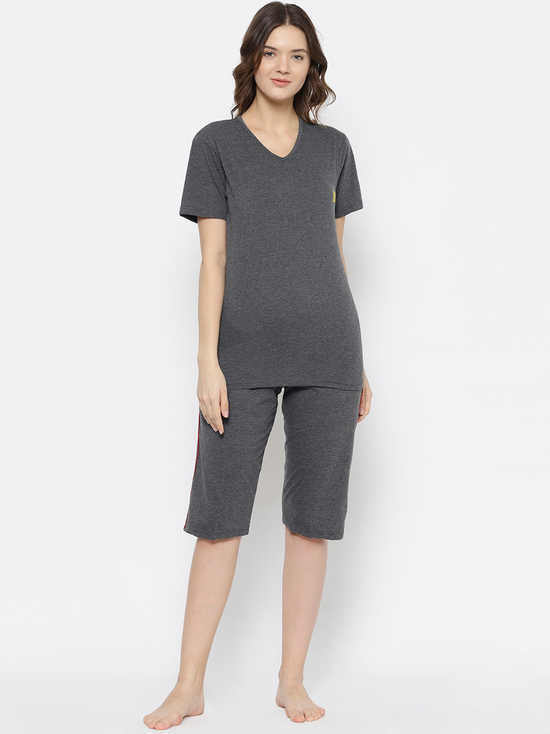 MACK JONNEY Women Charcoal Grey Solid Cotton Night Suit