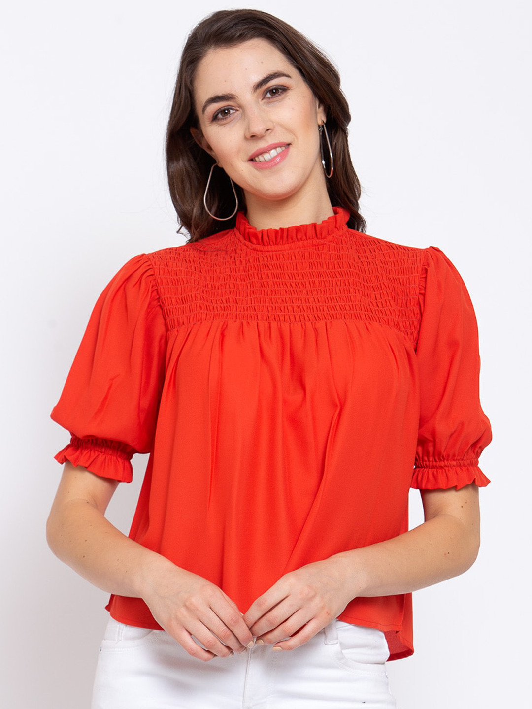 Style Quotient Orange Puff Sleeves Crepe Regular Top