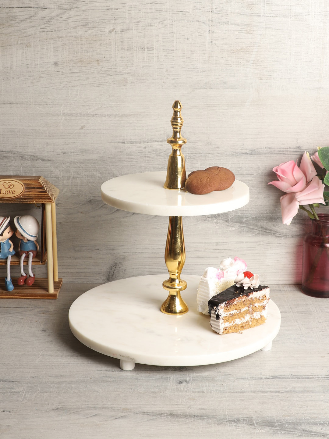 NikkisPride White & Gold-Toned Solid Marbel Two Tier Cake Stand