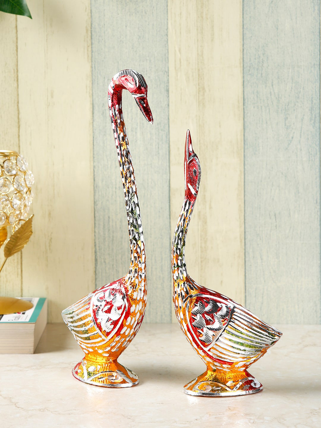 CraftVatika Love Birds Orange Metal Metallic Living Room Set of 2 Medium Showpieces - 10.5 Inches