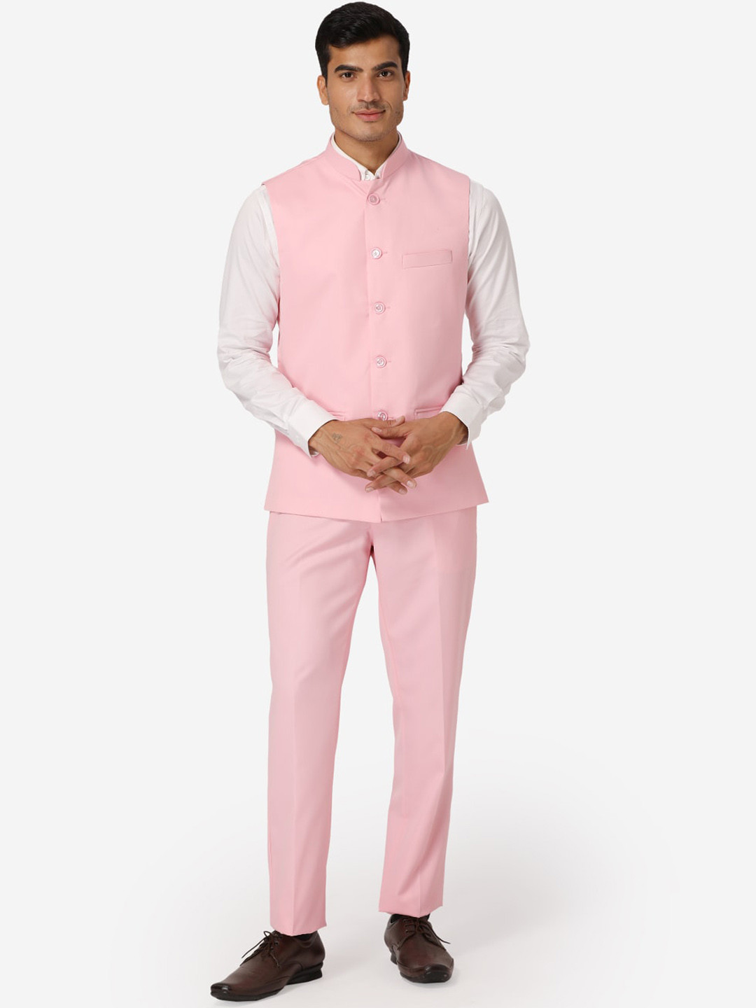 Wintage Men Peach-Coloured Solid Bandhgala Formal Two-Piece Suit