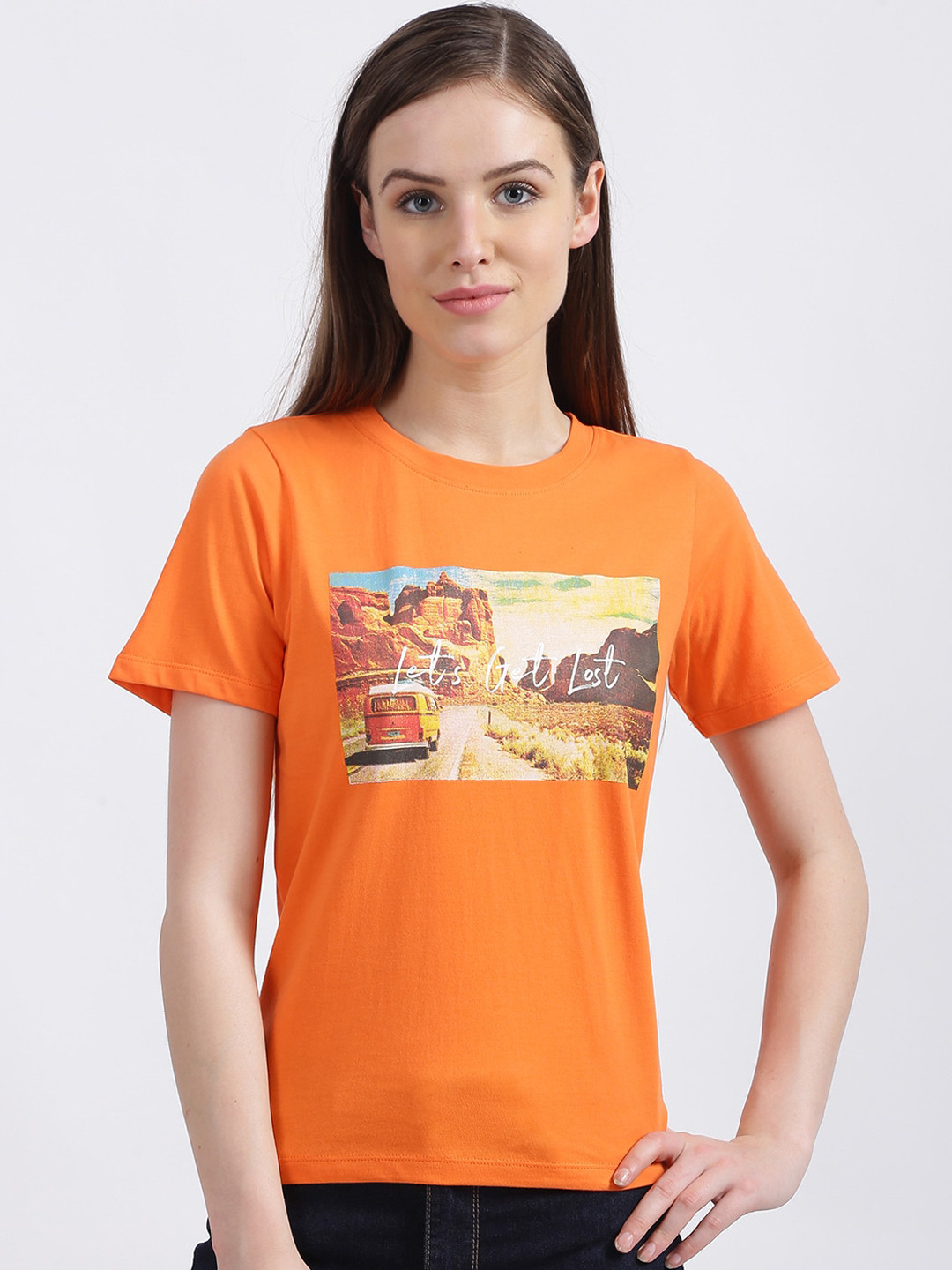 Zink London Women Orange Printed Round Neck Pure Cotton T-shirt