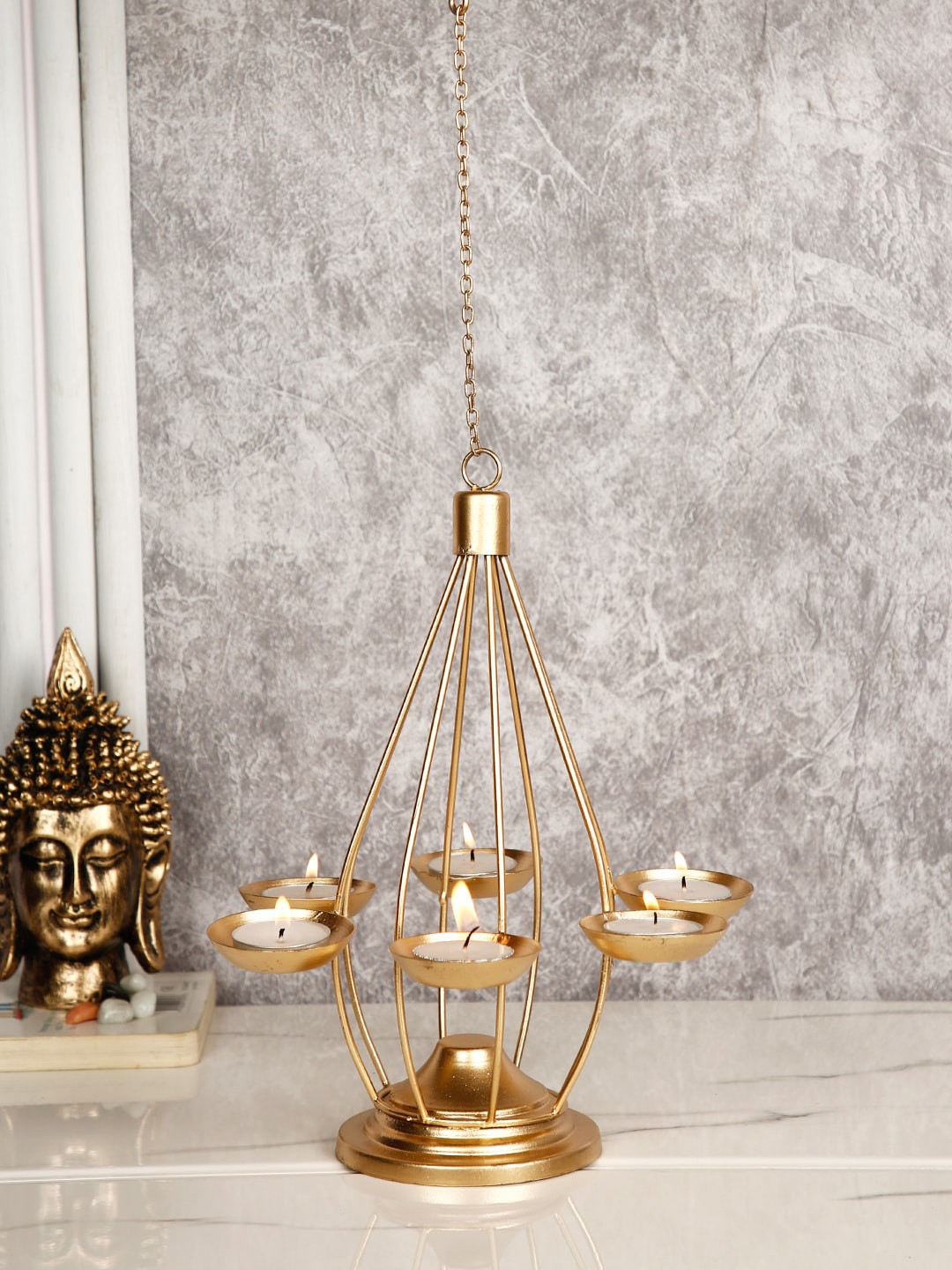 CraftVatika Gold-Toned Hanging Ceiling Lantern Tea Light Candle Holder