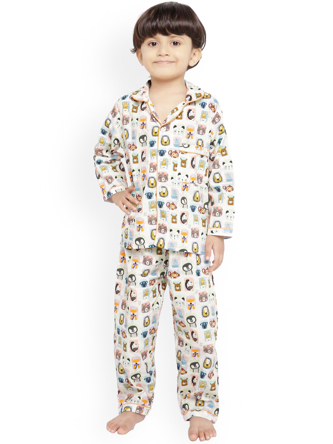 Knitting Doodles Kids White & Brown Printed Pure Cotton Night suit