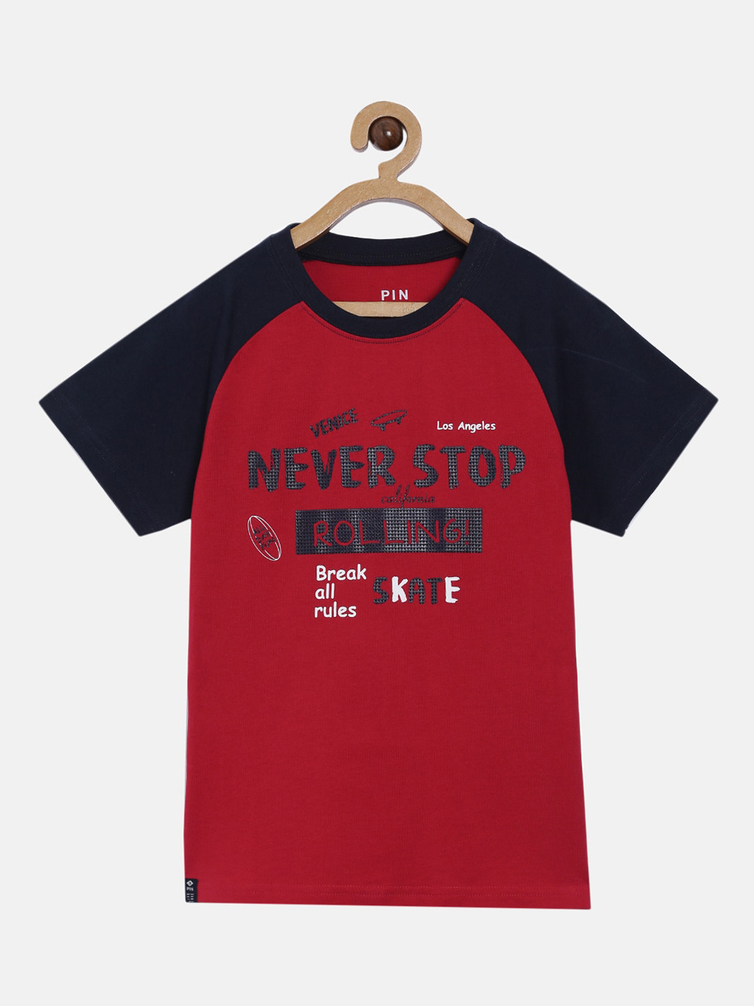 3PIN Boys Red Colourblocked  Round Neck Pure Cotton T-shirt