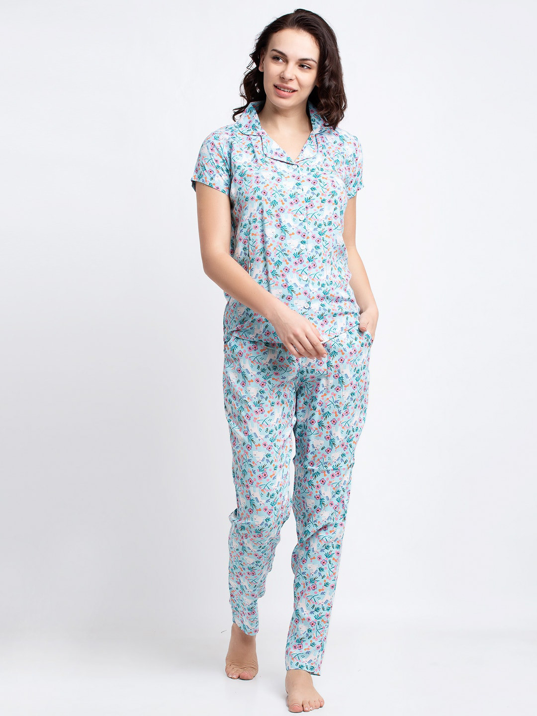 Boston Club Women Turquoise Blue & Pink Printed Night suit