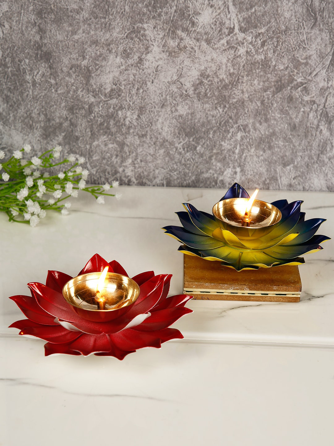 CraftVatika Set of 2 Red Lotus-Shaped Pooja Diya Oil Lamp