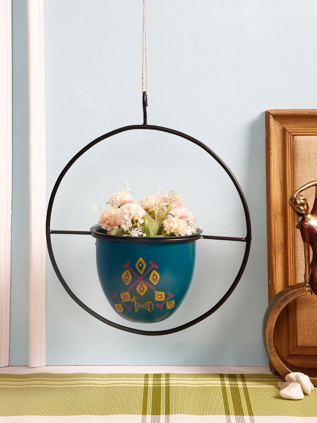 Aapno Rajasthan Teal Blue & Black Printed Circular Hanging Planter